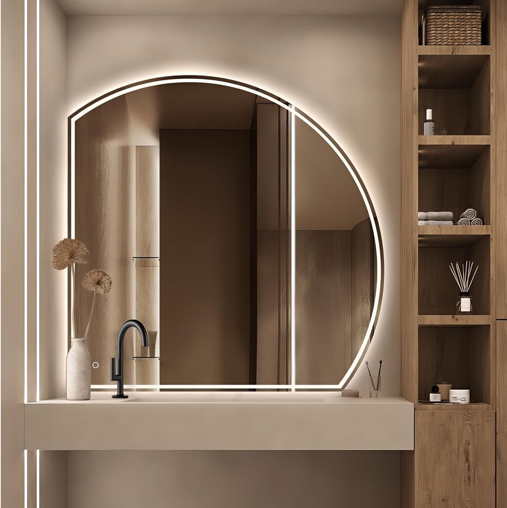Niccy Half Moon Led Mirror for Bathroom, 40" Semi Round Backlit Mirror for Wall Lighted Mirror with Frameless 3 Color, Defogger, Explosion-Proof, HD Glass and IP65 Vanity Mirror