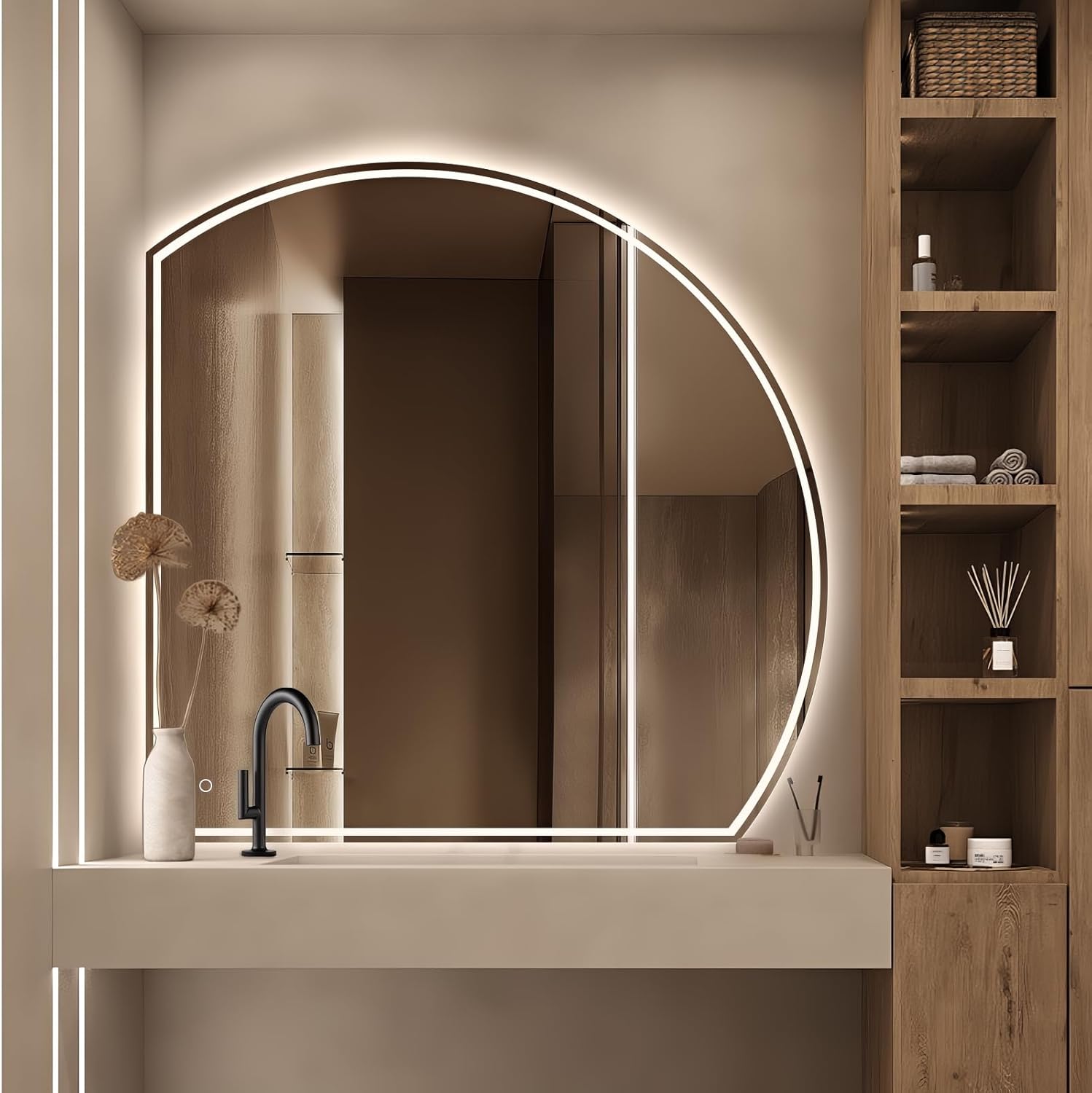 Niccy Half Moon Led Mirror for Bathroom, 40" Semi Round Backlit Mirror for Wall Lighted Mirror with Frameless 3 Color, Defogger, Explosion-Proof, HD Glass and IP65 Vanity Mirror