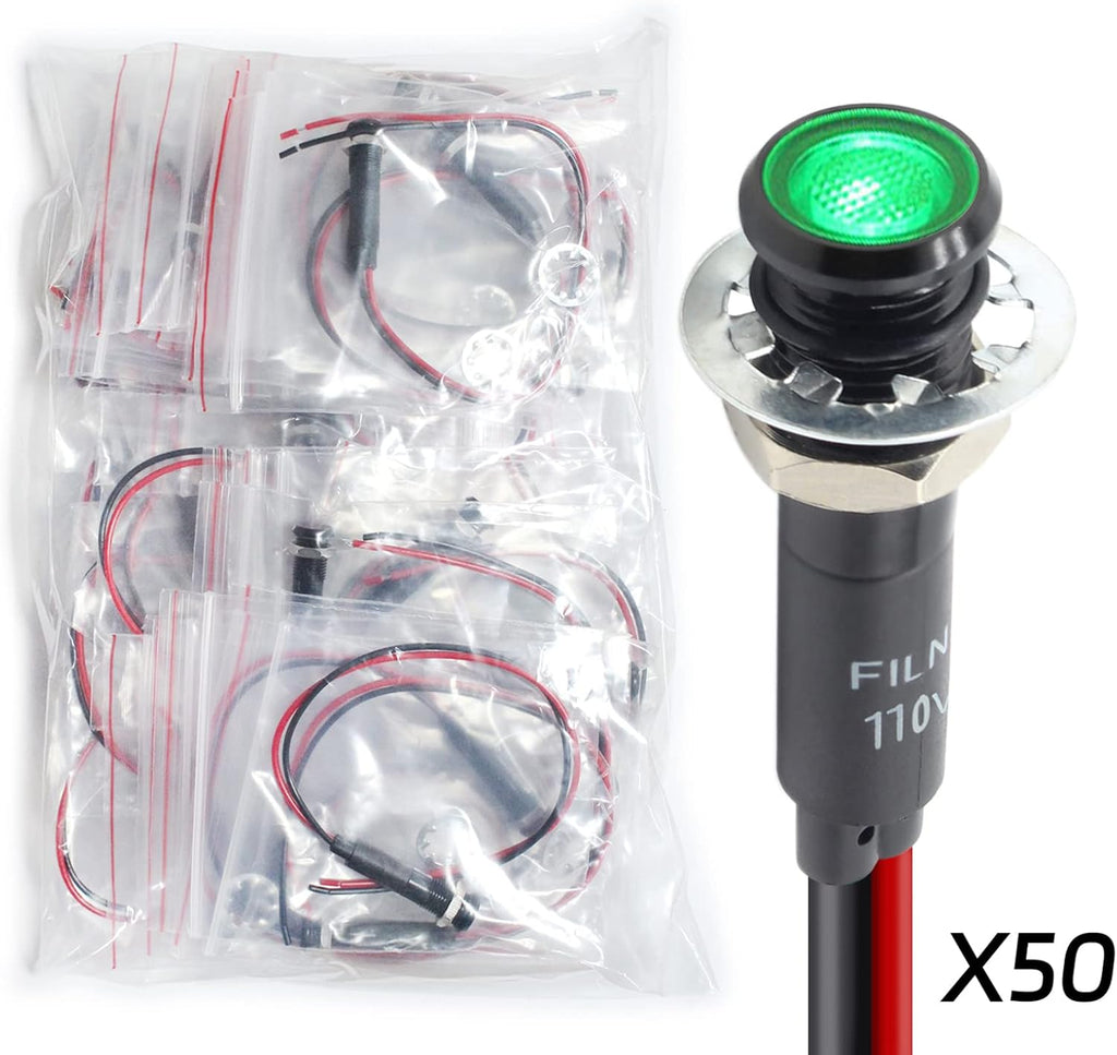 50Pcs 8MM (5/16") Indicator Light 110v 120v Metal Pilot Lamp Lights Aluminum Black Anodized Waterproof ip67 Red Signal Lamp Light(110V-Black Anodized-Green 50Pcs)