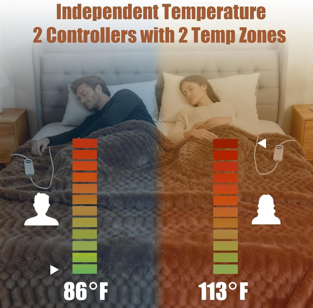 Electric Heated Blanket 90''x100'' – Large Soft Ribbed Faux Fur Fast Heating Blanket with 12 Heat Settings, 1–12H Timer, Overheat Protection ETL & FCC Certified Machine Washable