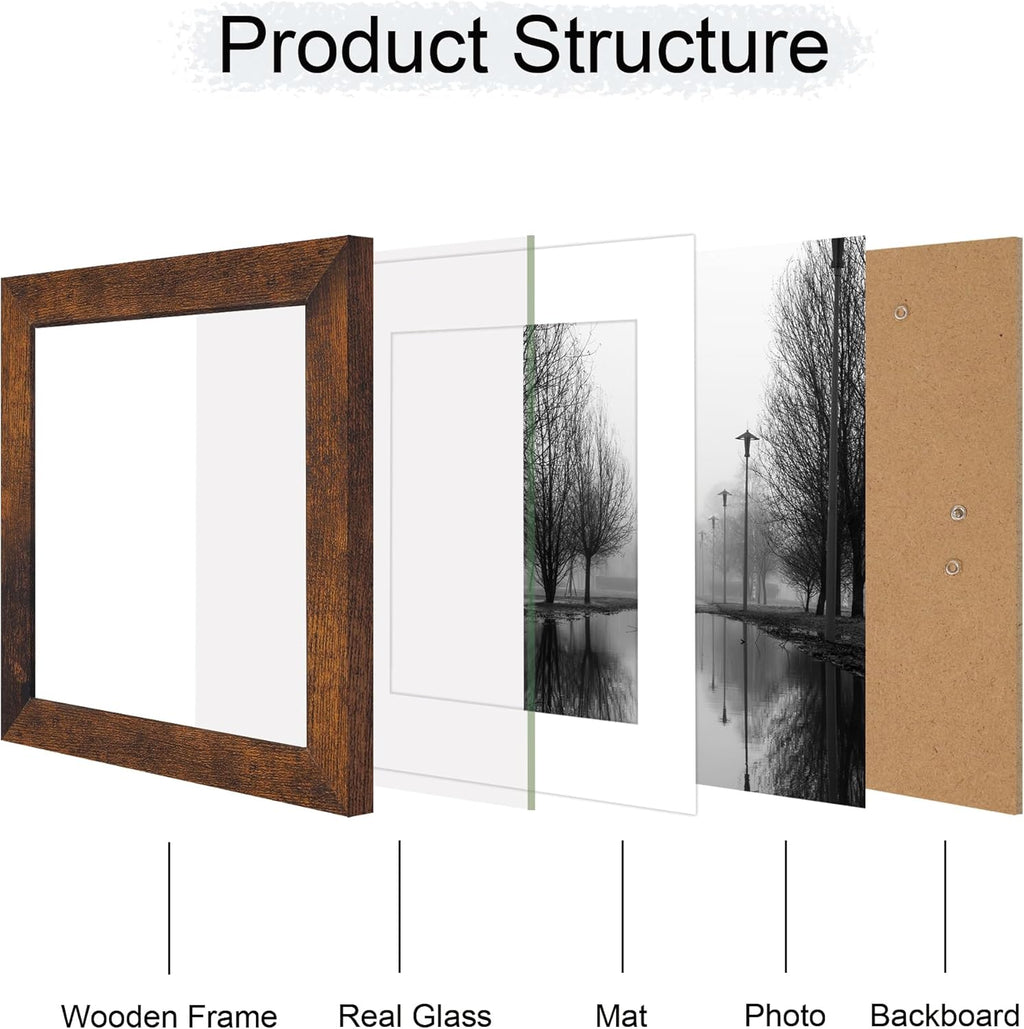 iRahmen 8x8 Picture Frame Set of 4 with HD Glass, Display 6x6 Pictures with Mat or 8 x 8 Without Mat, Rustic Wood Photo Frame for Wall Mount and Tabletop Display