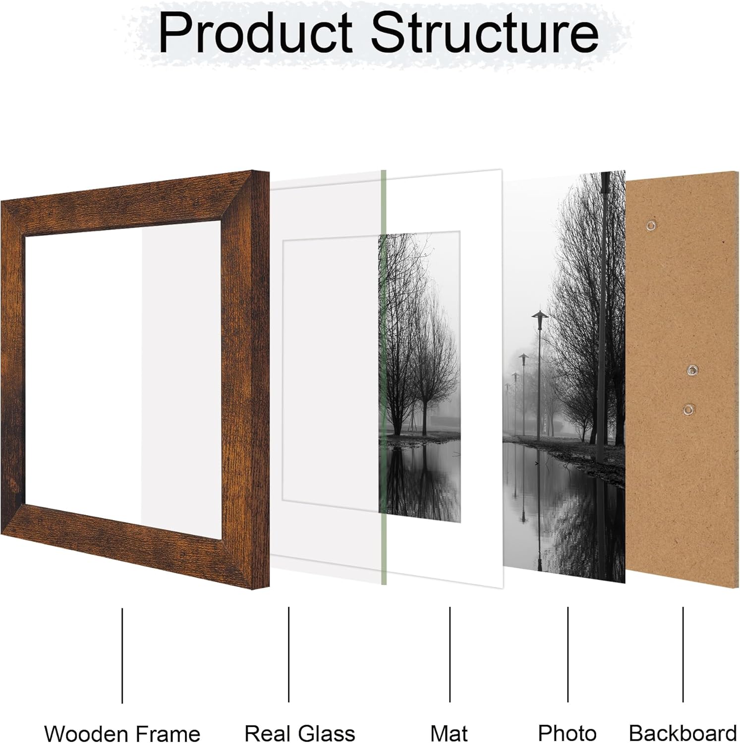 iRahmen 8x8 Picture Frame Set of 4 with HD Glass, Display 6x6 Pictures with Mat or 8 x 8 Without Mat, Rustic Wood Photo Frame for Wall Mount and Tabletop Display