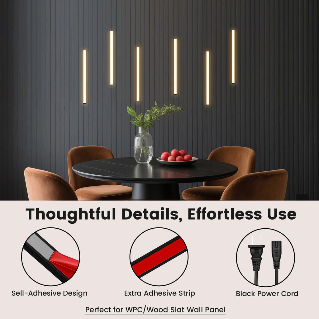 Wall Led Lights - GloryAir 6pcs Black 3000K Warm White Led Panel Light Strips, Self-Adhesive Dimmable Touch Switch Wall Slat Lights for Wood Slat, Fluted Panel, Bedroom Headboard