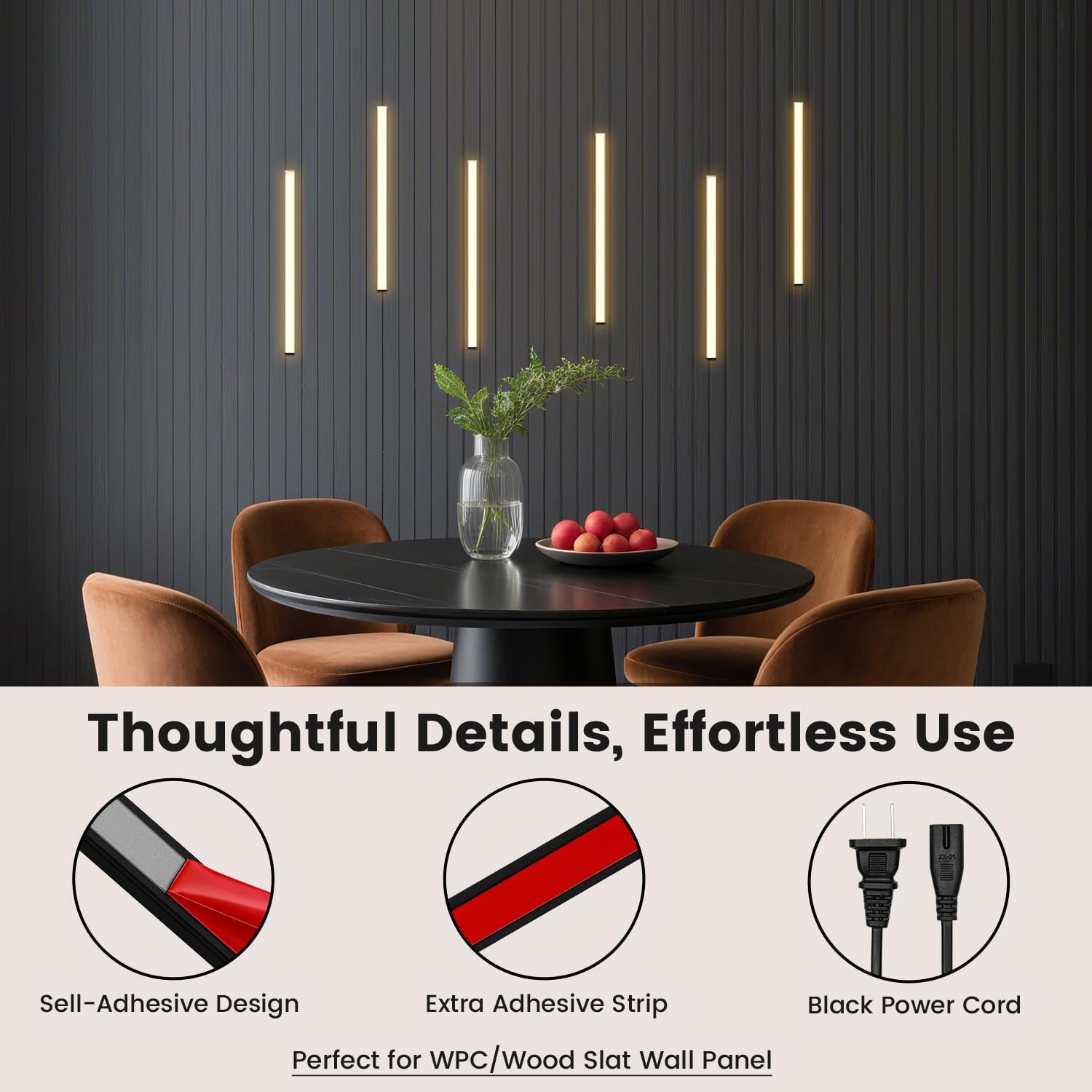 Wall Led Lights - GloryAir 6pcs Black 3000K Warm White Led Panel Light Strips, Self-Adhesive Dimmable Touch Switch Wall Slat Lights for Wood Slat, Fluted Panel, Bedroom Headboard