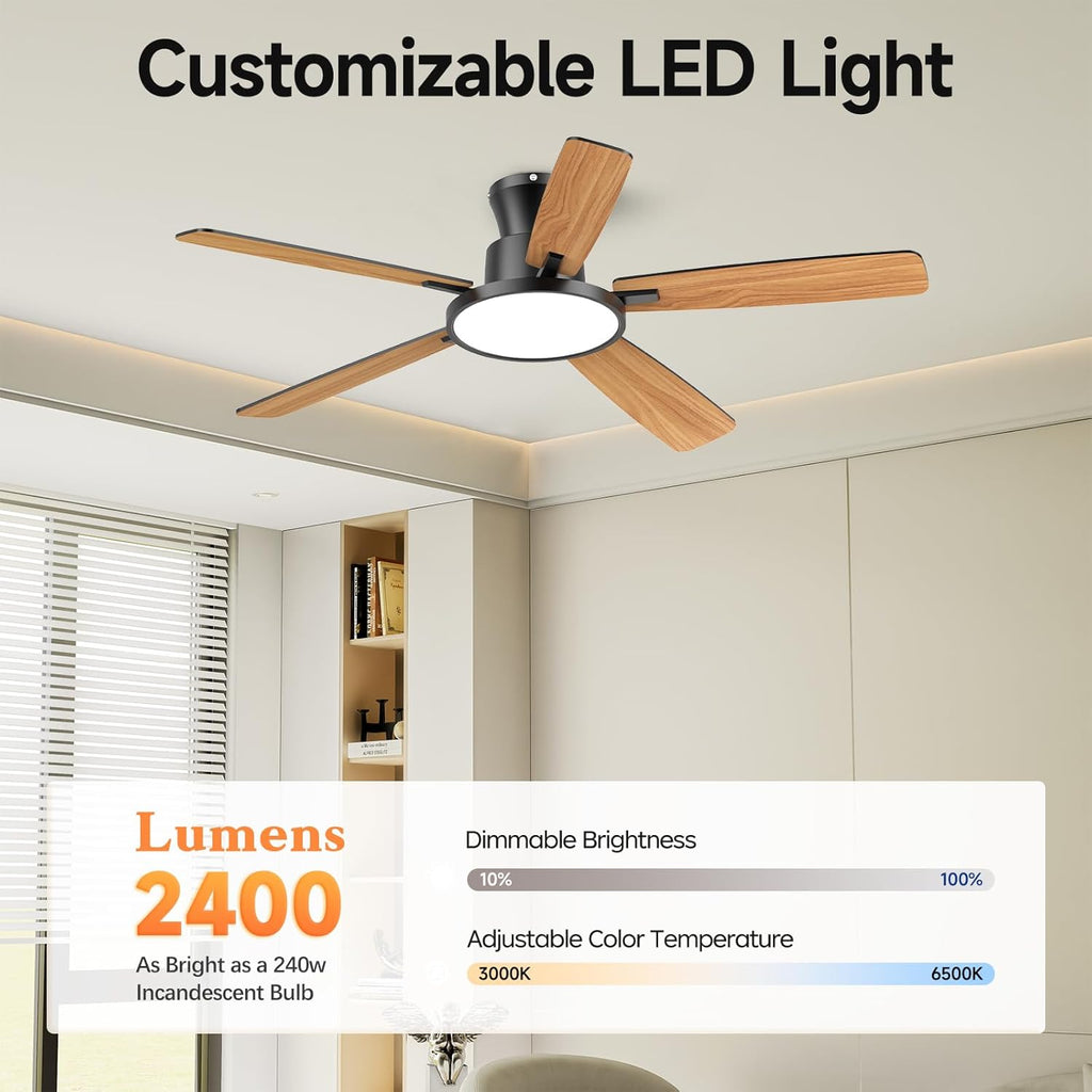 Ceiling Fans with Lights,52 inch,Quiet,Reversible Motor,Dimmable, Adjustable Color Temperature,6 Speeds,Timer, Low Profile Ceiling Fan for Bedroom,Living Room,Indoor/Outdoor Use (Black)