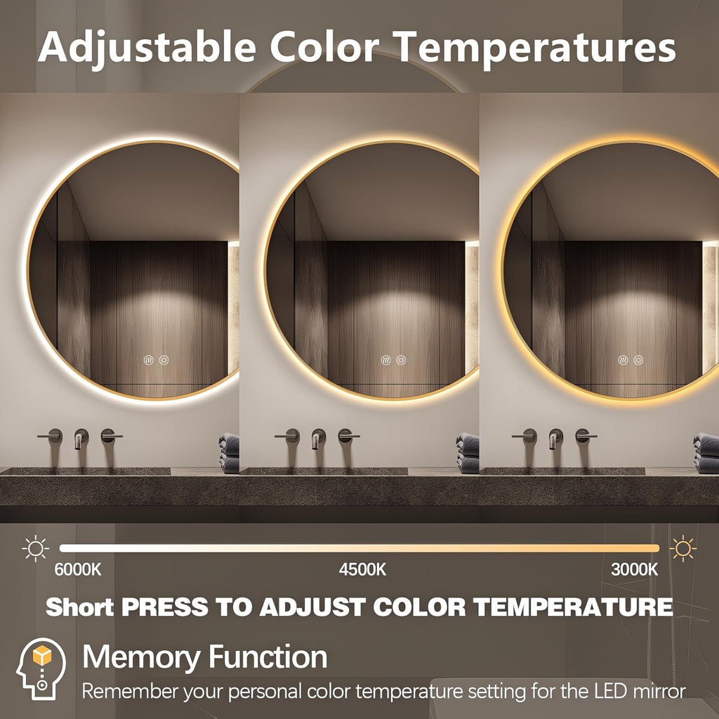 Niccy Round Led Mirror for Bathroom, 36" Backlit Mirror for Wall Circle Lighted Mirror with Gold Frame Anti-Fog, 3 Colors, HD Glass and IP65 Waterproof