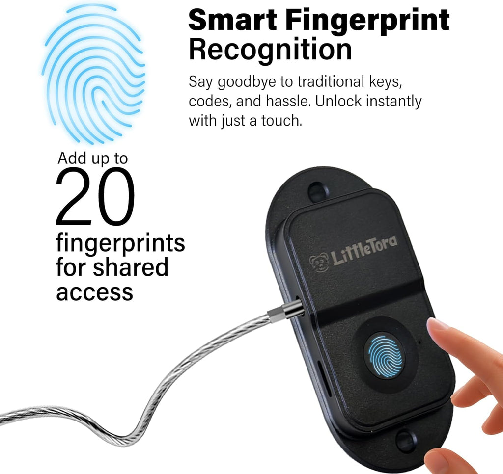 Fingerprint Fridge Lock - Childproof Security Locking for Refrigerator Freezer Cabinet Furniture Doors - 90 Degree Cable Window Locks Smart Biometric Access with Adhesive Drill Installation
