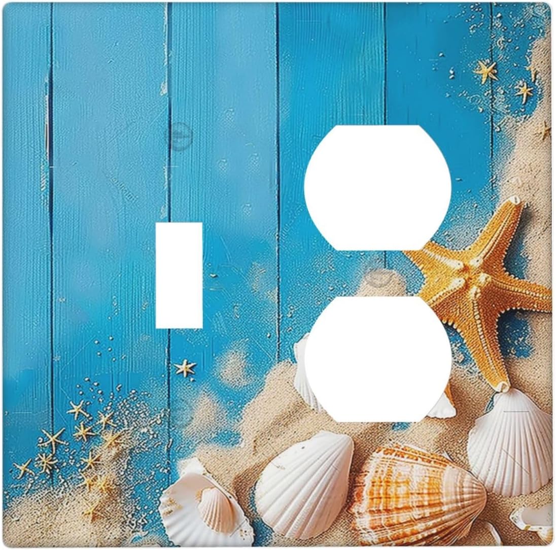 Wallplates Blue Wood Grain Beach Shell Starfish 1 Toggle 1 Duplex Switch Plate Electrical GFCI Faceplate Decorative Light Switch Covers for Bathroom Farmhouse Decor
