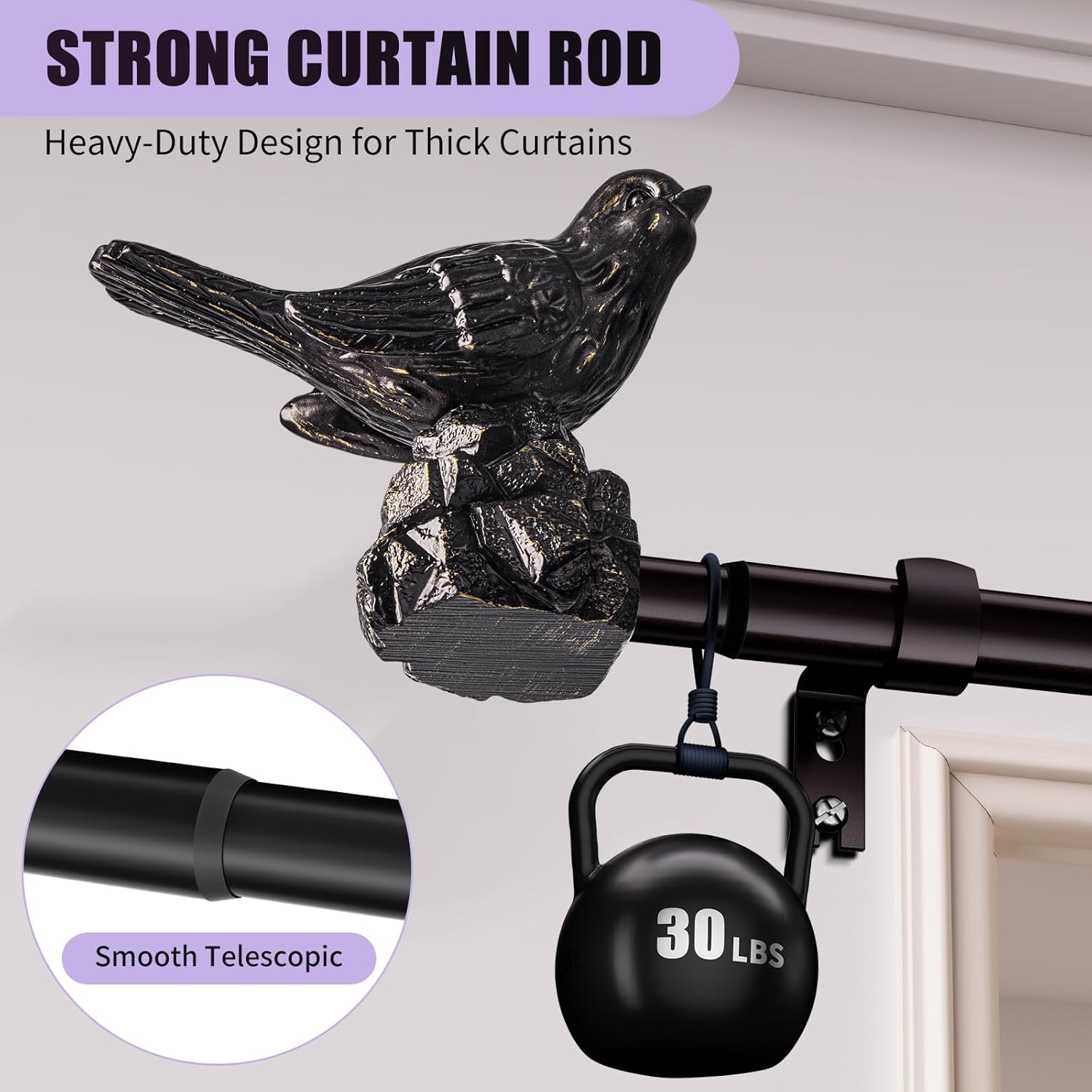 Curtain Rods 48 to 90 Inches Vintage Oil Bronze Curtain Rods for Windows Adjustable Drapery Rod with Bird Finials Heavy Duty Window Brown Curtains Rod for Living Room Bedroom