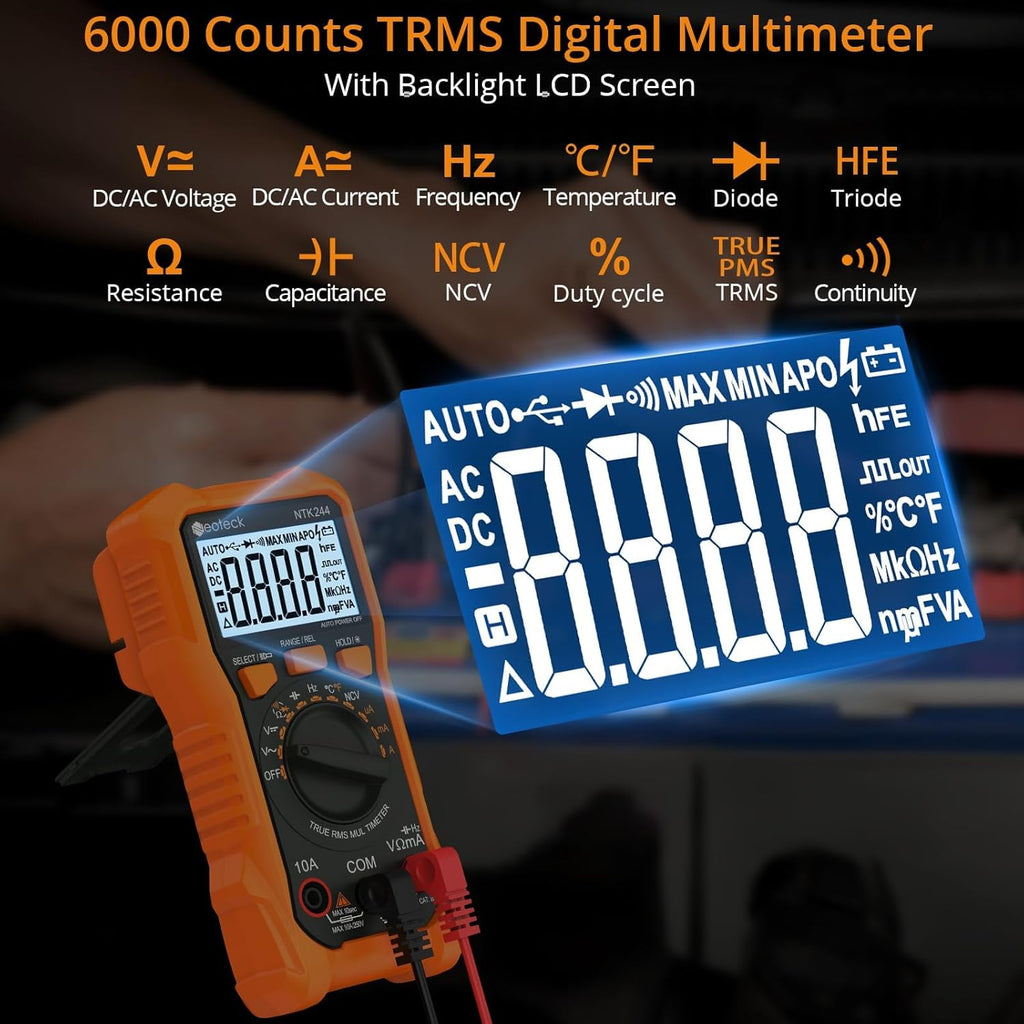 Neoteck 6000 Counts Digital Multimeter with NCV and TRMS Auto Range Multimeter for AC/DC Voltage&Current,Resistance,Capacitance,Frequency,Temperature,Duty Ratio,Continuity Voltmeter for Car Circuit