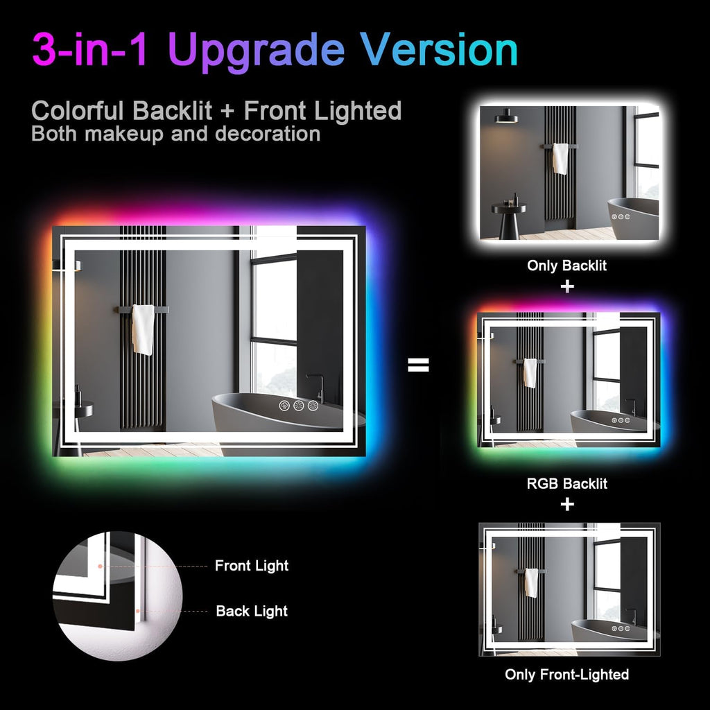 LED Mirror for Bathroom, 48"X30" with 8 RGB Backlit +3 Front Lit (Adjustable Individually), Anti-Fog, Large Lighted Bathroom Vanity Mirror for Wall,Shatterproof,Memory Function,Tempered Glass
