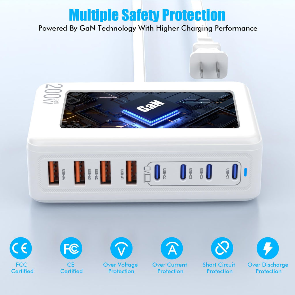USB C Charger Block,200W GaN 8 Port USB C Charging Station USB Hub Block Cube Type C & USB A Wall Charger Power Adapter for Multiple Devices Apple iPhone 16/15/14,Steam Deck,MacBook Pro/Air,iPad Pro
