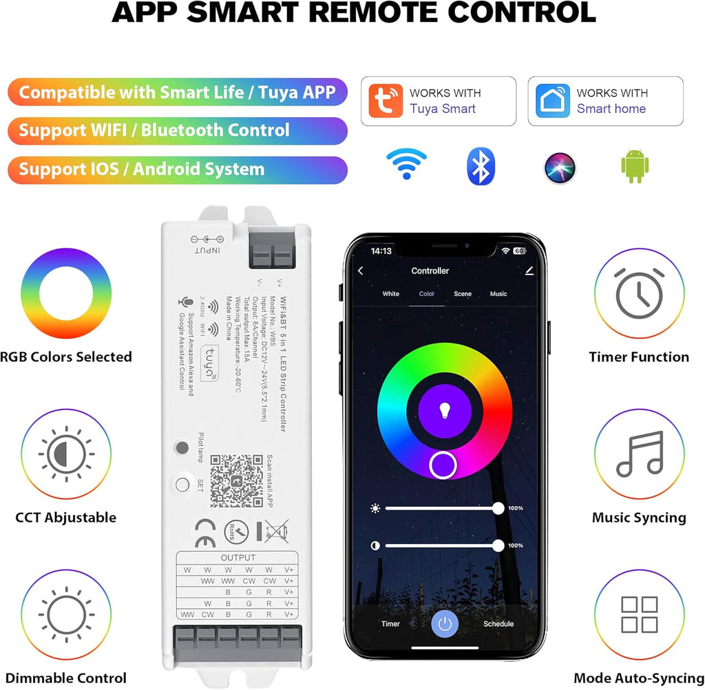 WB5 WiFi PWM 12V/24V LED Controller with RC03RFB RF Remote Control 4-Zone Group, RGB RGBW RGBCCT Strip Lights Controller Kit Compatible with Alexa Google Home Smart Life Tuya APP Control