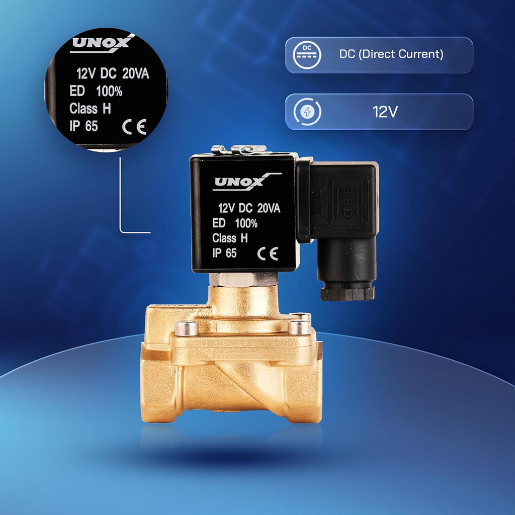 UNOX 1/2" NPT Solenoid Valve 12V DC, Brass Control Valve Normally Closed - 7-232 PSI Multi-Purpose Reliable Control Valve for Water, Air, and Gas - Solenoid Valves