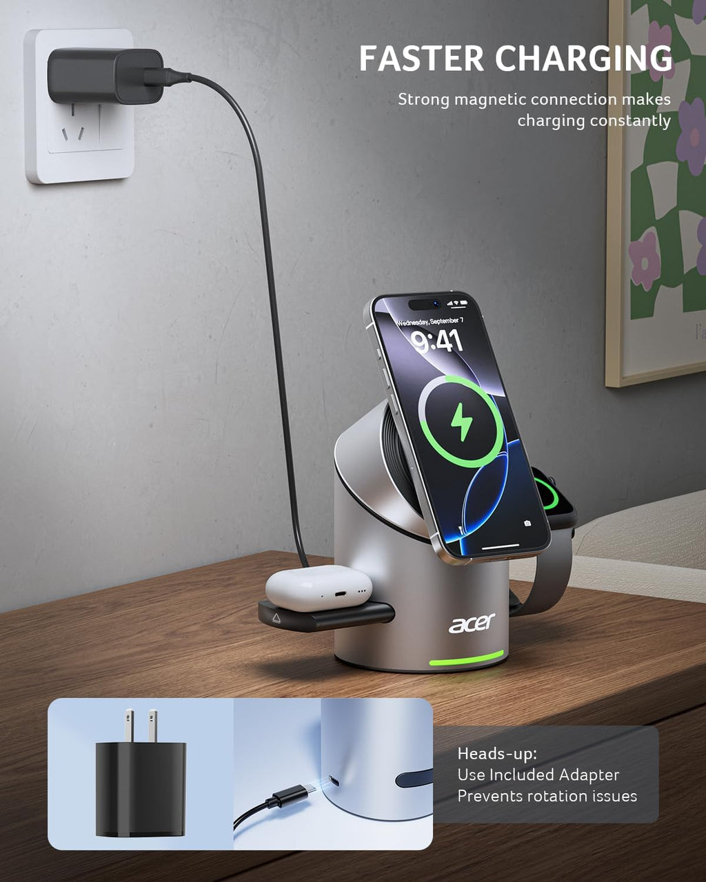 Acer S2 3 in 1 Charging Station for Apple - Qi2 15W iPhone Wireless Charging Station, Magsafe Charger Stand for iPhone 17 16 15 14 13 12 - Apple Watch - Airpods Series (Charger & USB-C Included)