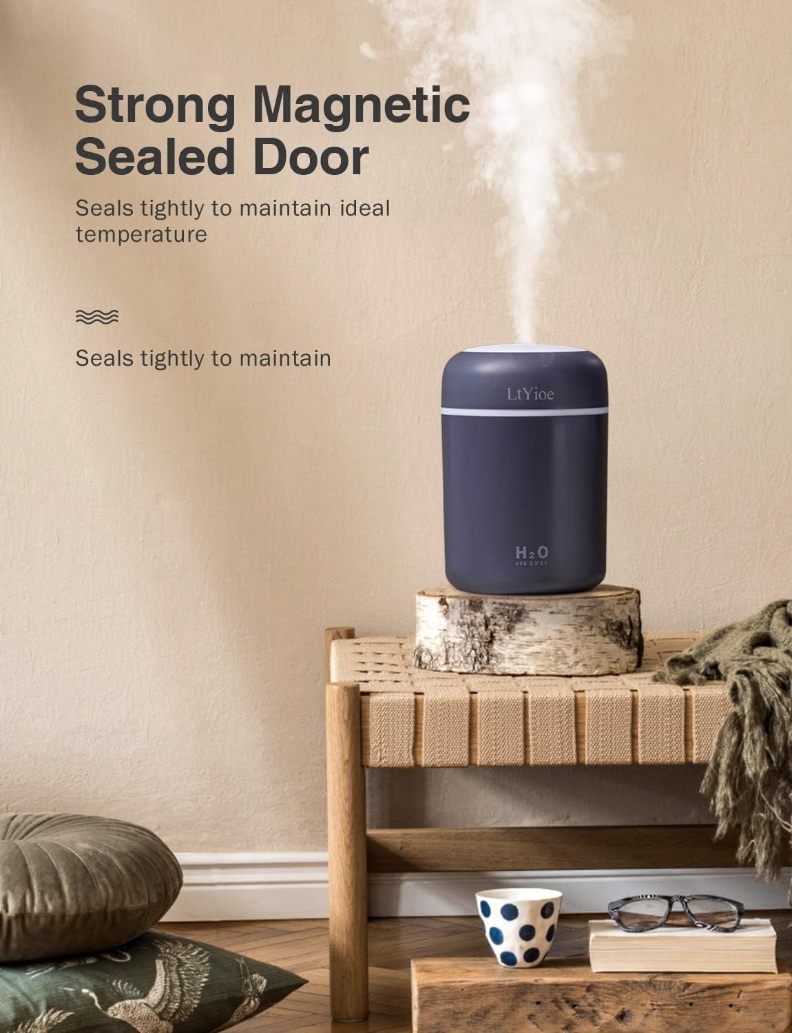 Colorful Cool Mini Humidifier, USB Personal Desktop Humidifier for Car, Office Room, Bedroom,etc. Auto Shut-Off, 2 Mist Modes, Super Quiet. (Navy)(Black)