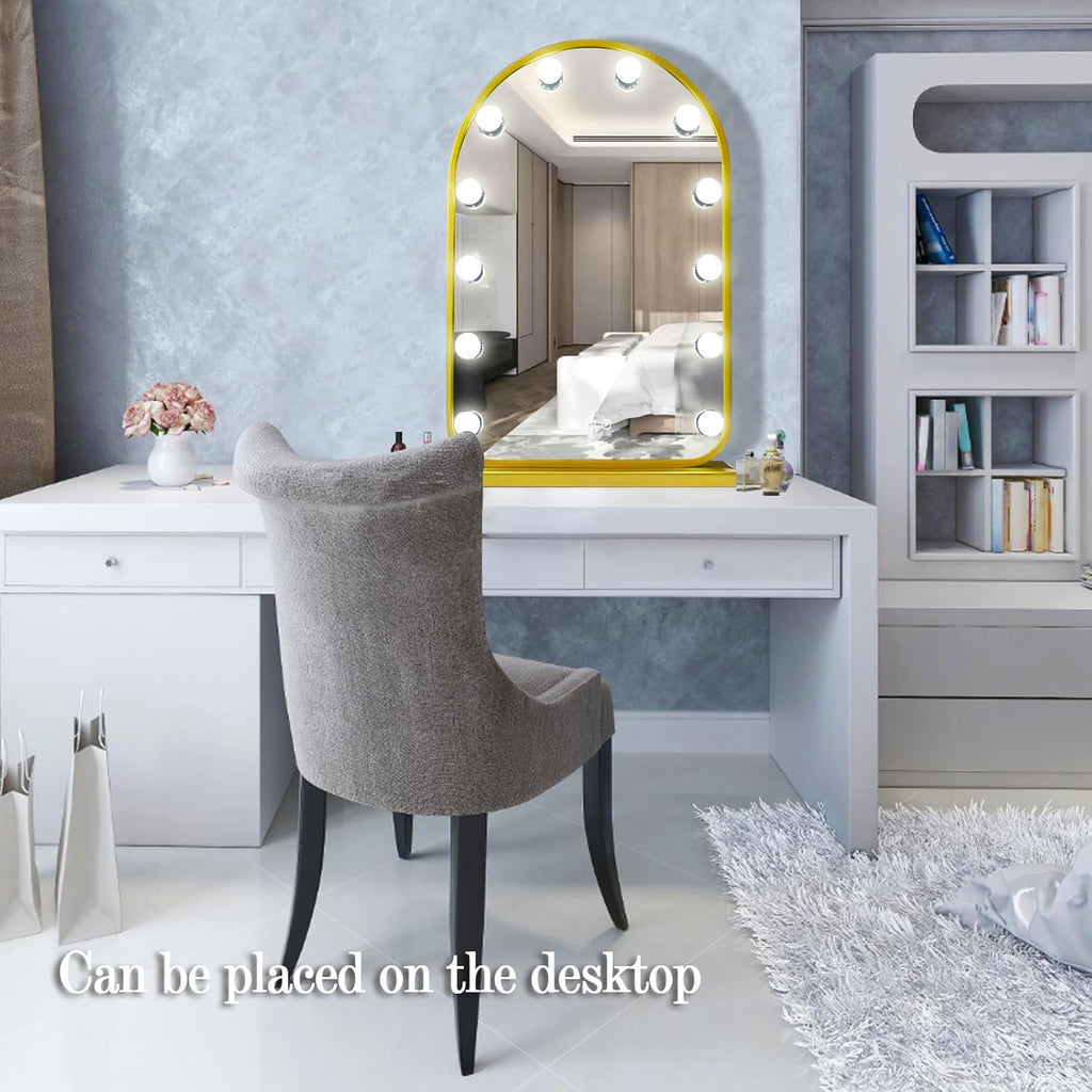 THEKLA Gold Arch Hollywood Vanity Mirror with Lights Dimmable 3Color 12 Bulbs Hollywood Vanity Lighted Mirror for Bedroom Wall Detachable Base Stand X10 Magnifying Arch Vanity Makeup Desk Table Mirror