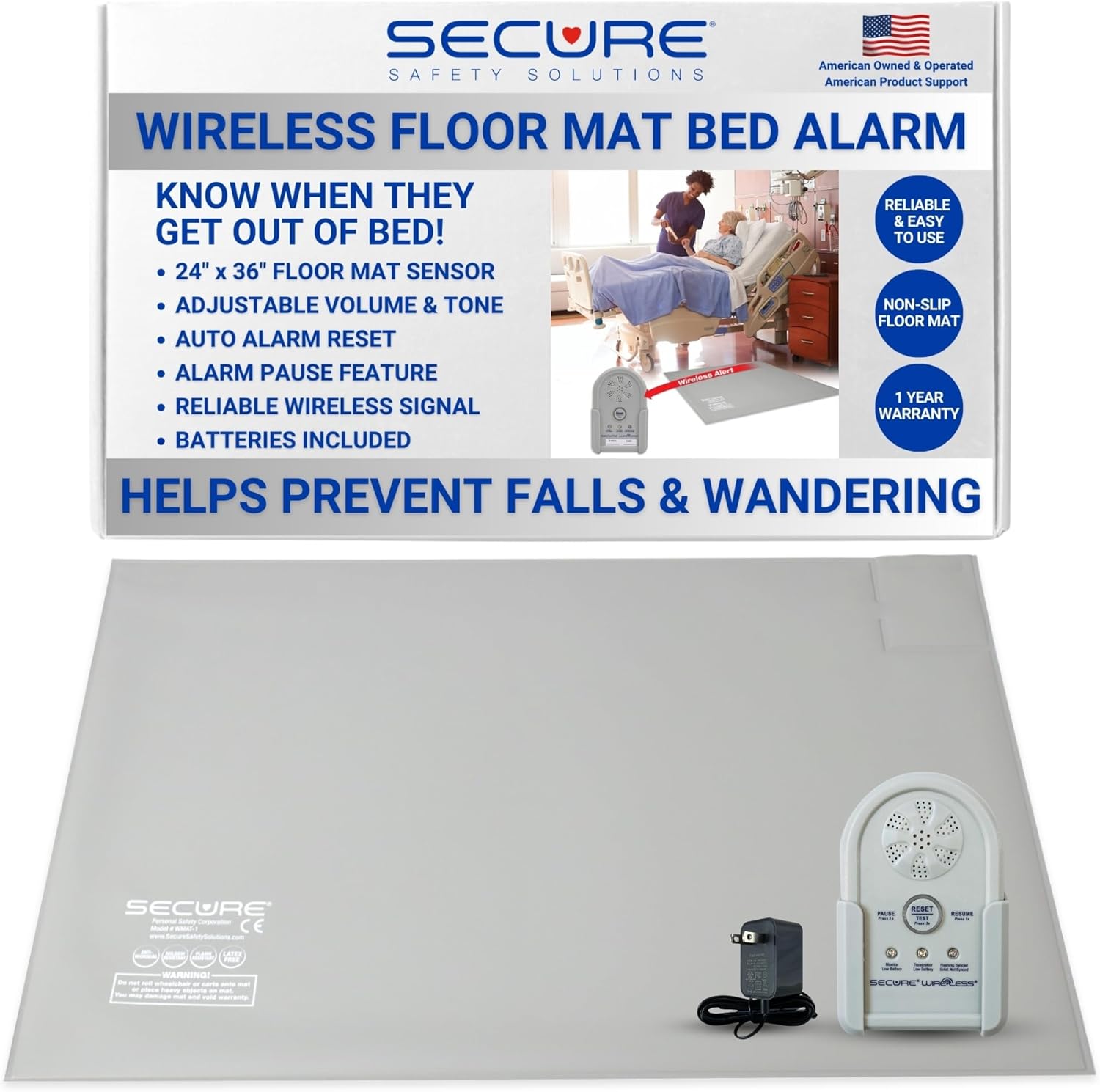 Secure Wireless Floor Mat Bed Alarm for Seniors - Wireless Alarm Monitor, Floor Mat Sensor, Transmitter, Power Adapter - No Noise in Patient Room - Fall &Wandering Prevention for Elderly Dementia