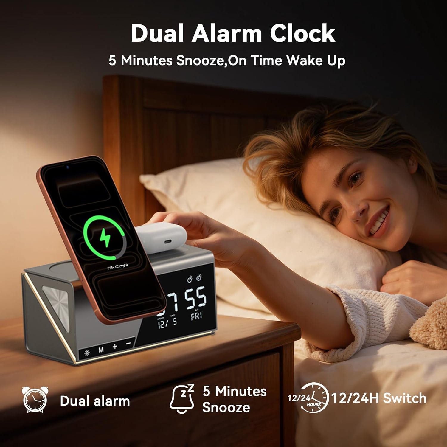 4URPC 6-in-1 Alarm Clock Wireless Charging Station for Apple Multiple Devices,MagSafe Charging Dock for iPhone 17/16/15/14/13 Series, Apple Watch, AirPods,Wireless Charger with Night Light/Alarm Clock