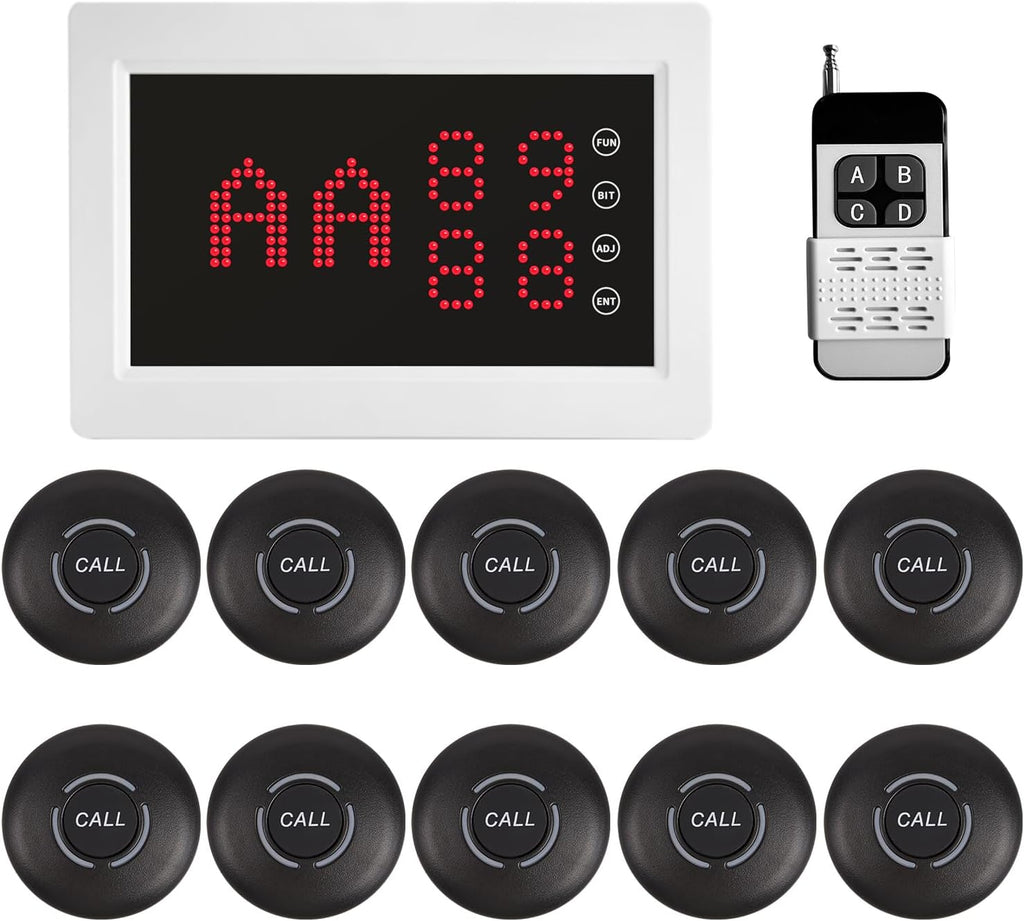 Wireless Calling System Restaurant Pager System Caregiver Pager for Patient Nurse Alert with 1 Number Display and 10 Waterproof Call Buttons for Elderly Clinic Nursing Center Hospital