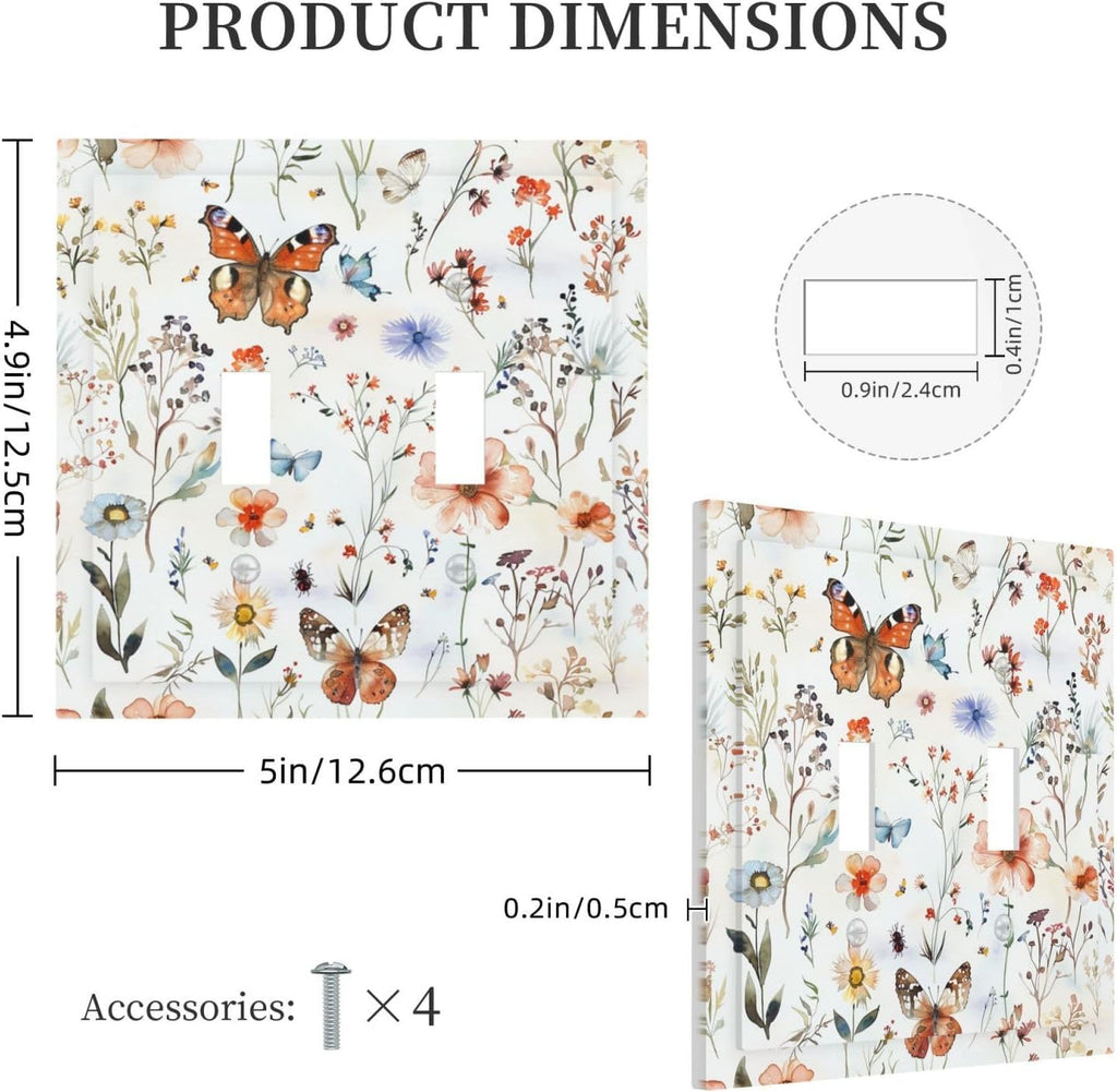 Decorative Switch Plates Butterfly Floral Boho Multicolor Flower Leave 2 Gang Double Toggle Outlet Light Switch Cover Wall Plate Electrical Faceplate for Bed Room living Room Decor