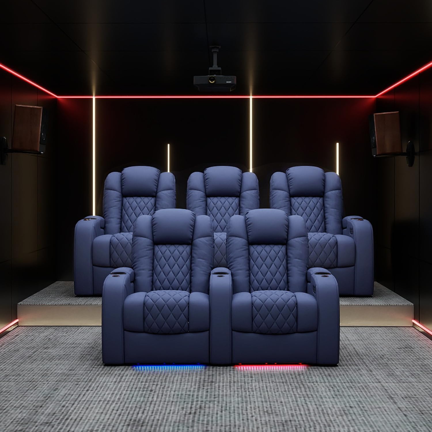 Weilianda Home Theater Seating Top Grain Leather Zero Gravity Recliner Chair Power Headrest Recline Movie Seat Gaming 7 Colors Mood Light Sofa with Tray Table USB Charge Row of 4 Loveseat Middle Blue