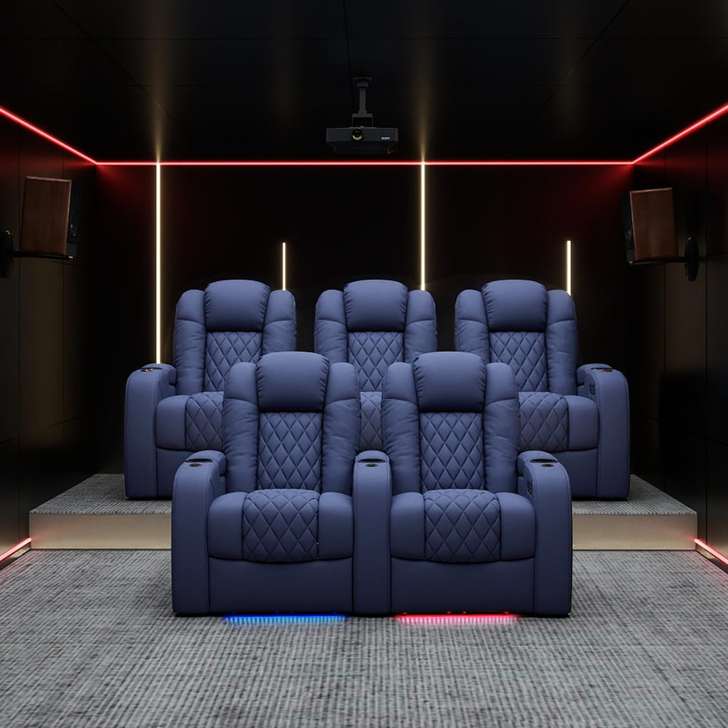 Weilianda Home Theater Seating Top Grain Leather Zero Gravity Recliner Chair Power Headrest Recline Movie Seat Gaming 7 Colors Mood Light Sofa with Tray Table USB Charge Row of 2 Loveseat Blue
