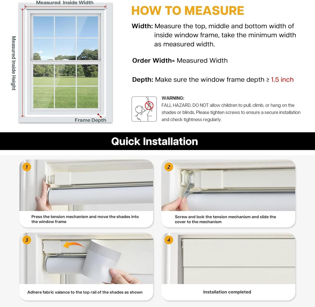 LazBlinds Custom Size No-Drill Blackout Blinds - Easy Install for Renters & Child Safe Cordless Roller Shades, Thermal Insulated for Home Office, 100% Light Blocking, Blackout-Cream