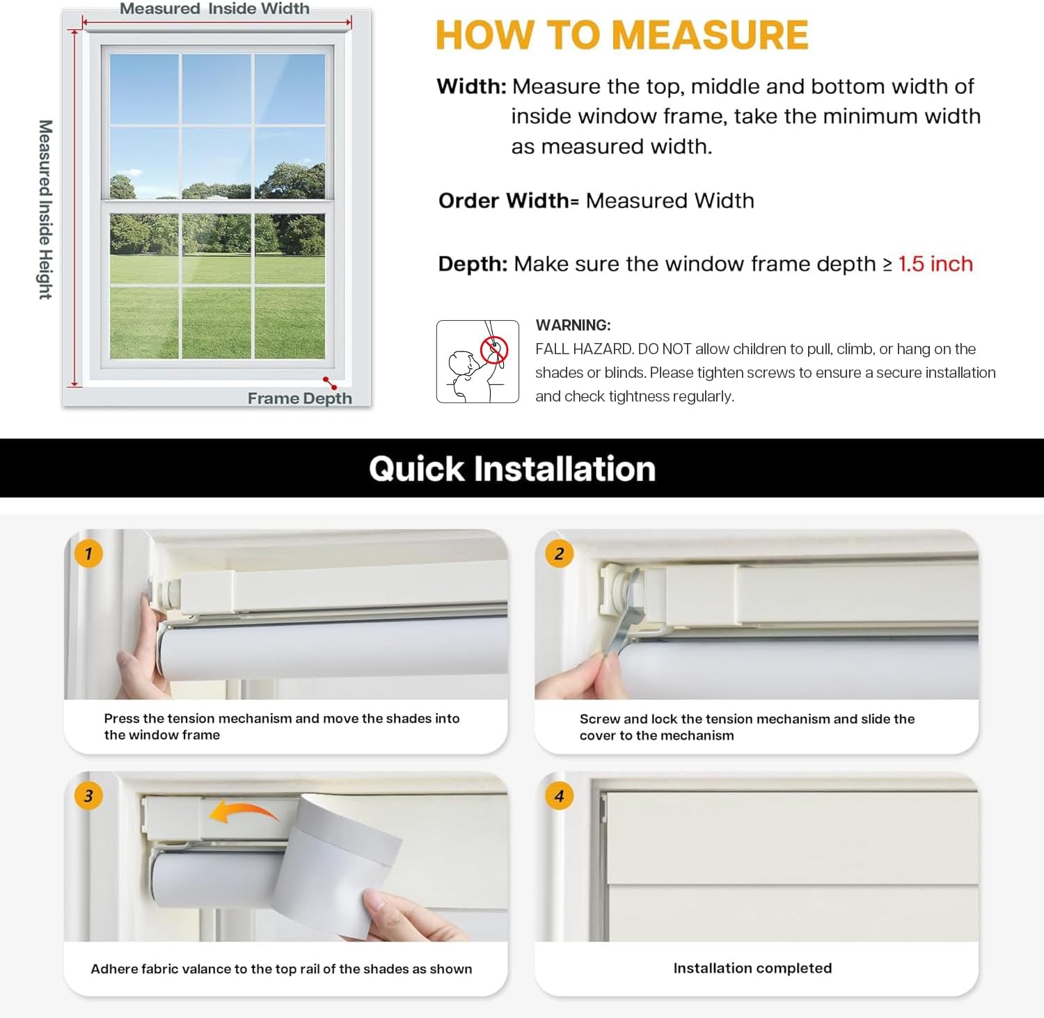 LazBlinds Custom Size No-Drill Blackout Blinds - Easy Install for Renters & Child Safe Cordless Roller Shades, Thermal Insulated for Home Office, 100% Light Blocking, Blackout-Cream