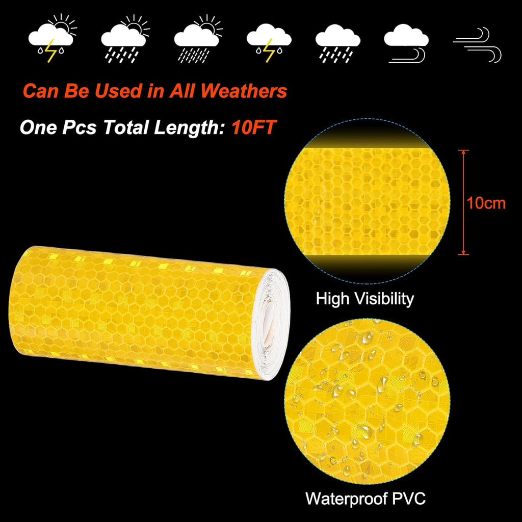 PATIKIL 4 Inch x 10 ft Reflective Tape, 1 Roll Waterproof Self Adhesive High Visibility Caution Warning Safety Tape Reflector with Scraper for Trucks Trailers Cars, Yellow