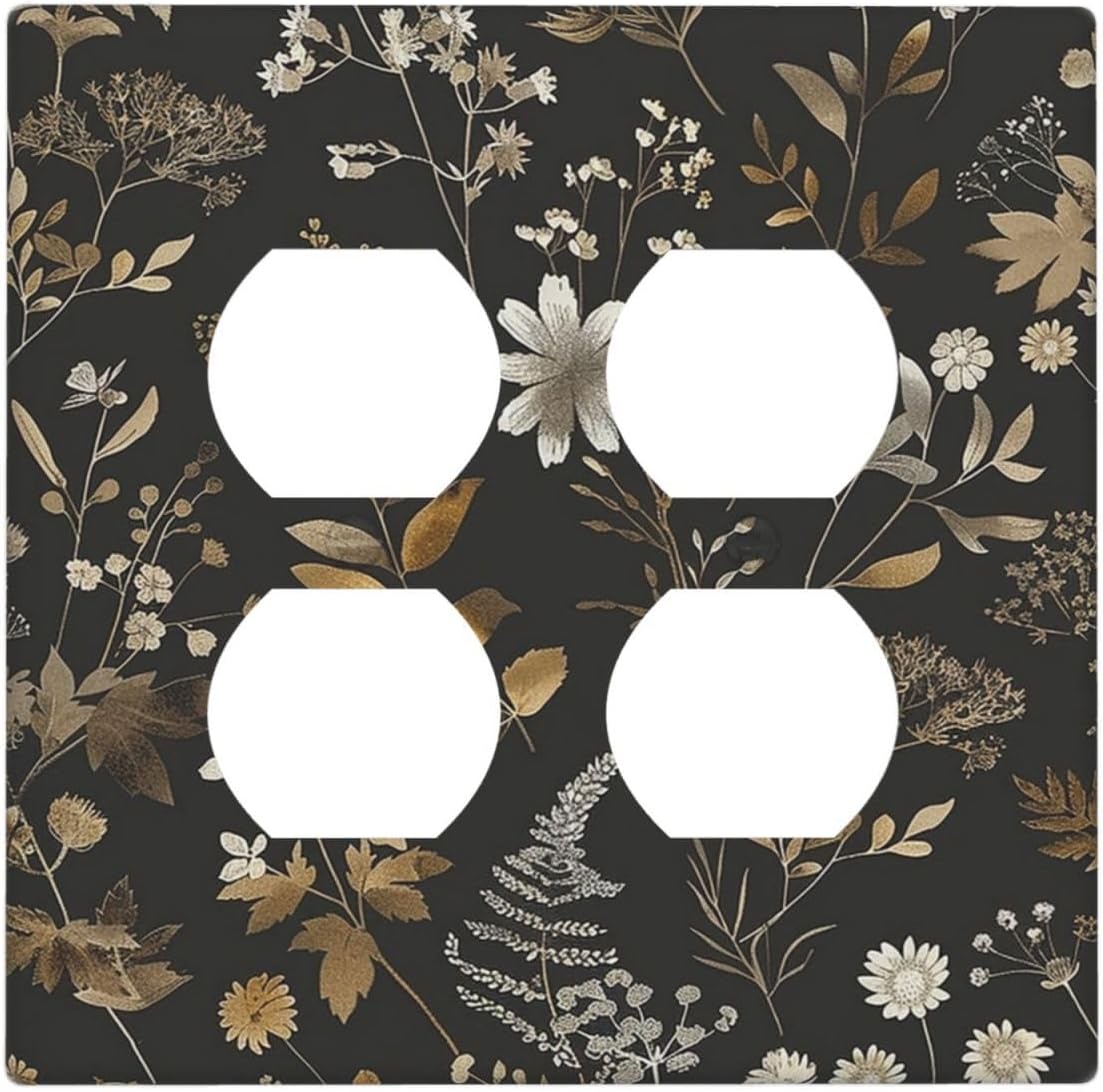 Outlet Covers Black Gold Floral Dark Leaves Vintage Flowers 2 Gang Double Duplex Decorative Light Switch Covers Electrical Wallplates Socket Faceplate for Bed Room Home Decor