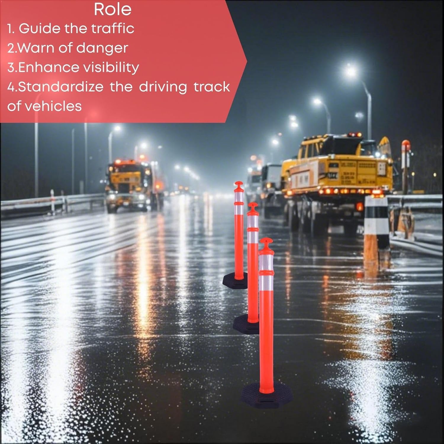Reflective Rubber Base Traffic Delineator Post - Heavy-Duty Safety Bollards for Parking Lot Markers, Road Construction, Driveway Warning - with Reflective Strips (3 Pack - 42 Inch)