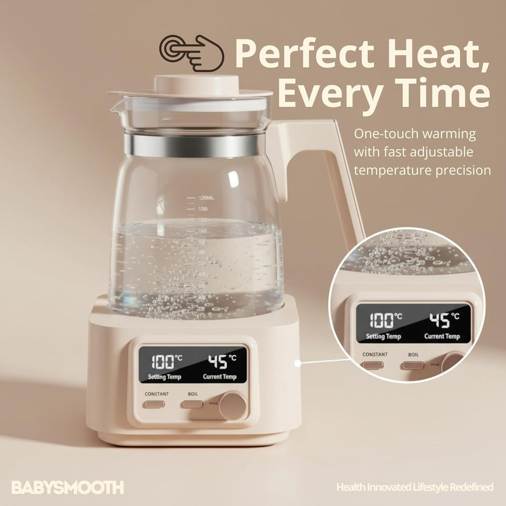 Babysmooth Smart Kettle Pro Electric Glass Kettle, 1.3L Capacity, Digital LED Display, Temperature Control 40-100°C, Auto Keep Warm Function, Silent Operation, Beige, for Tea and Coffee Brewing