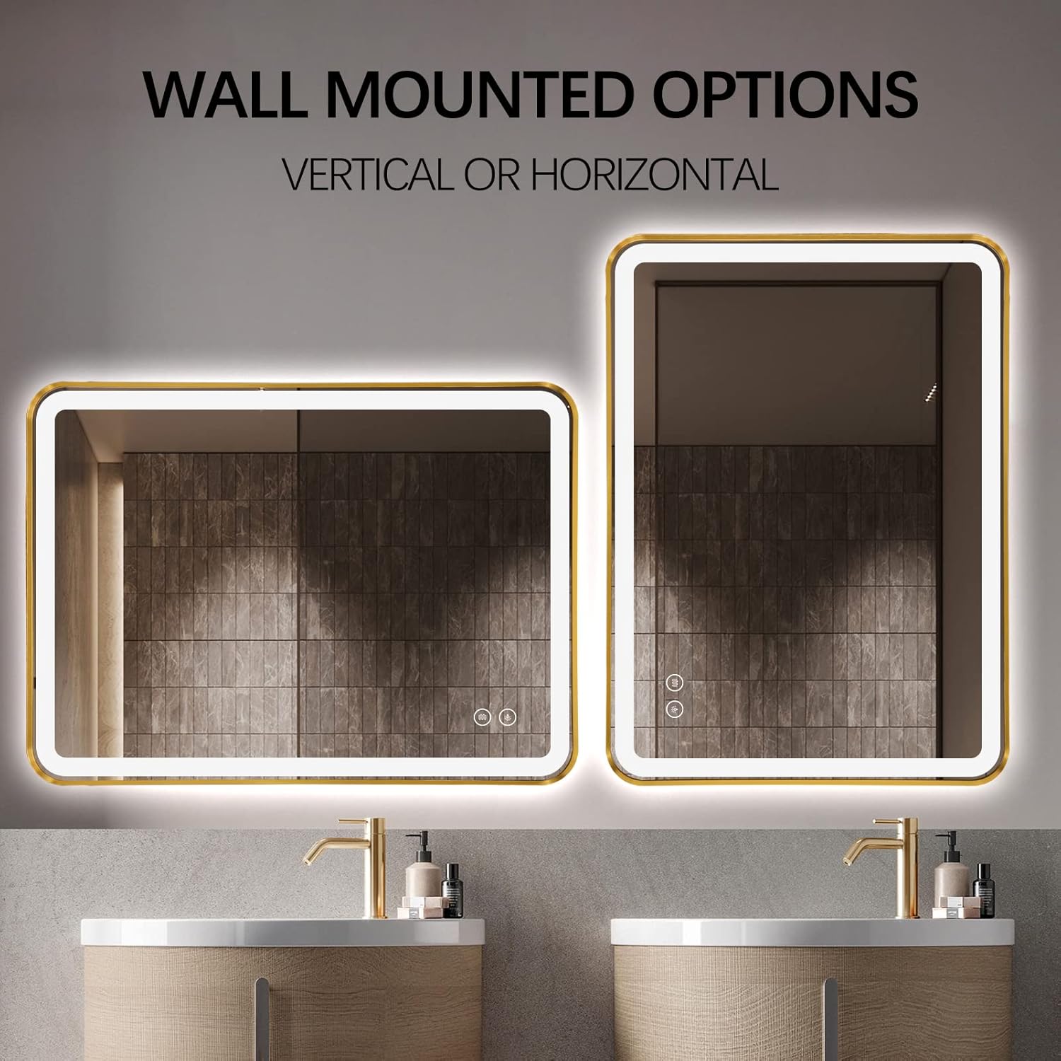 Rectangle LED Bathroom Mirror, 36"x28" Anti-Fog Double Touch Lighted Wall Vanity Mirror 45° Beveled Metal Frame Stepless Adjustable Color Temperature Smart Mirror 3000K-6000K, Gold