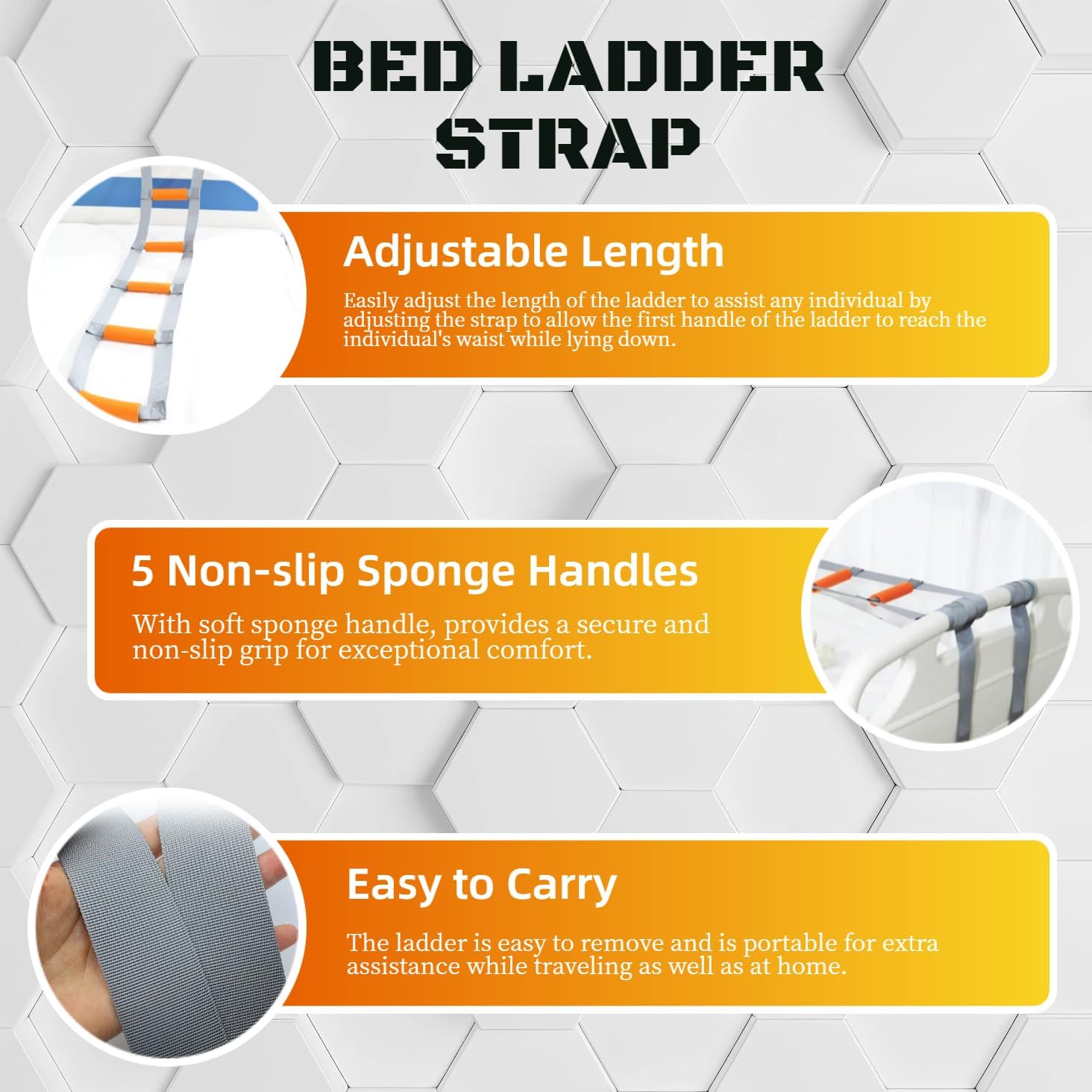 Bed Ladder Assist with Soft Handle Grips Assist Device with Handle Strap Sit Up Hoist Adjustable Length Assistant to Get Out of Bed for Seniors Handicapped Injured（Grey）