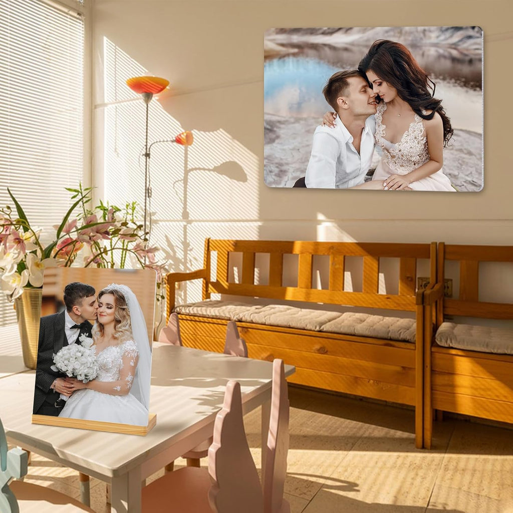 Custom Photo Prints - Metal Desktop Picture Frame with Photos & Wooden Base Personalized Gifts for Family Friends Lovers and Pets, Optional Multiple Sizes