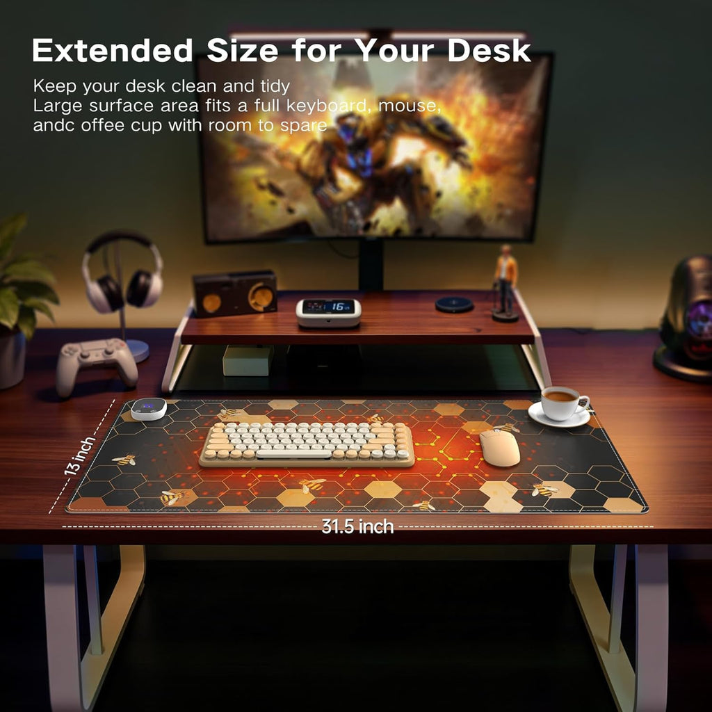 iCasso Heated Mouse Pad, XL Big Desk Pad with 4 Heating Levels & 4 Auto Shut-Off Levels for Computer Keyboard, 31.5" x 13" Large Safe Desk Mat Hand Warmer for Home Office Work (Honeycomb)