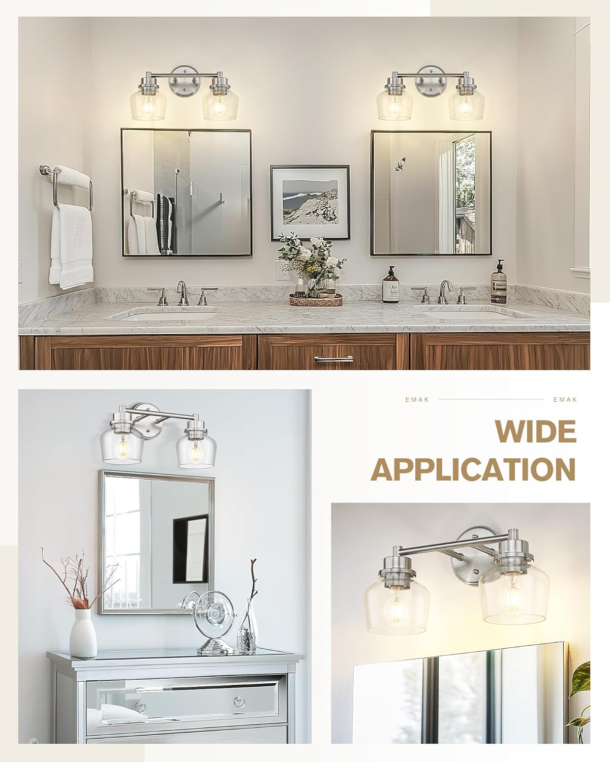 Emak 2-Light Vanity Lights, Brushed Nickel Bathroom Lights Over Mirror with Clear Glass Shade, Modern Bathroom Wall Sconces, VL122-BN-CG-2