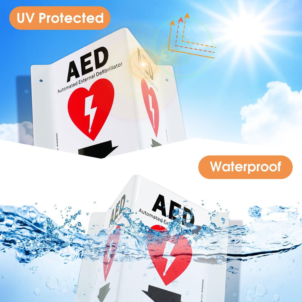 Faittoo AED Sign, AED with Down Arrow - 3 Pack 6 x 8 Inches V-Shaped Acrylic Plastic, 4 Pre-Drilled Holes, Includes Matching Screws, Use for Home Office/Business