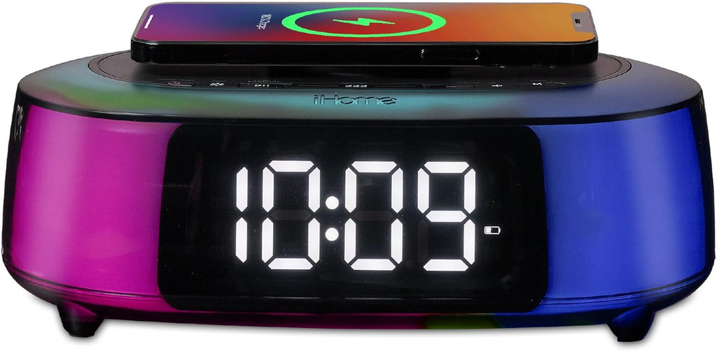 iHome Alarm Clock Radio with Qi2 Magnetic Wireless Charger, Bluetooth Speaker, and 2 USB Chargers (iBTW282)
