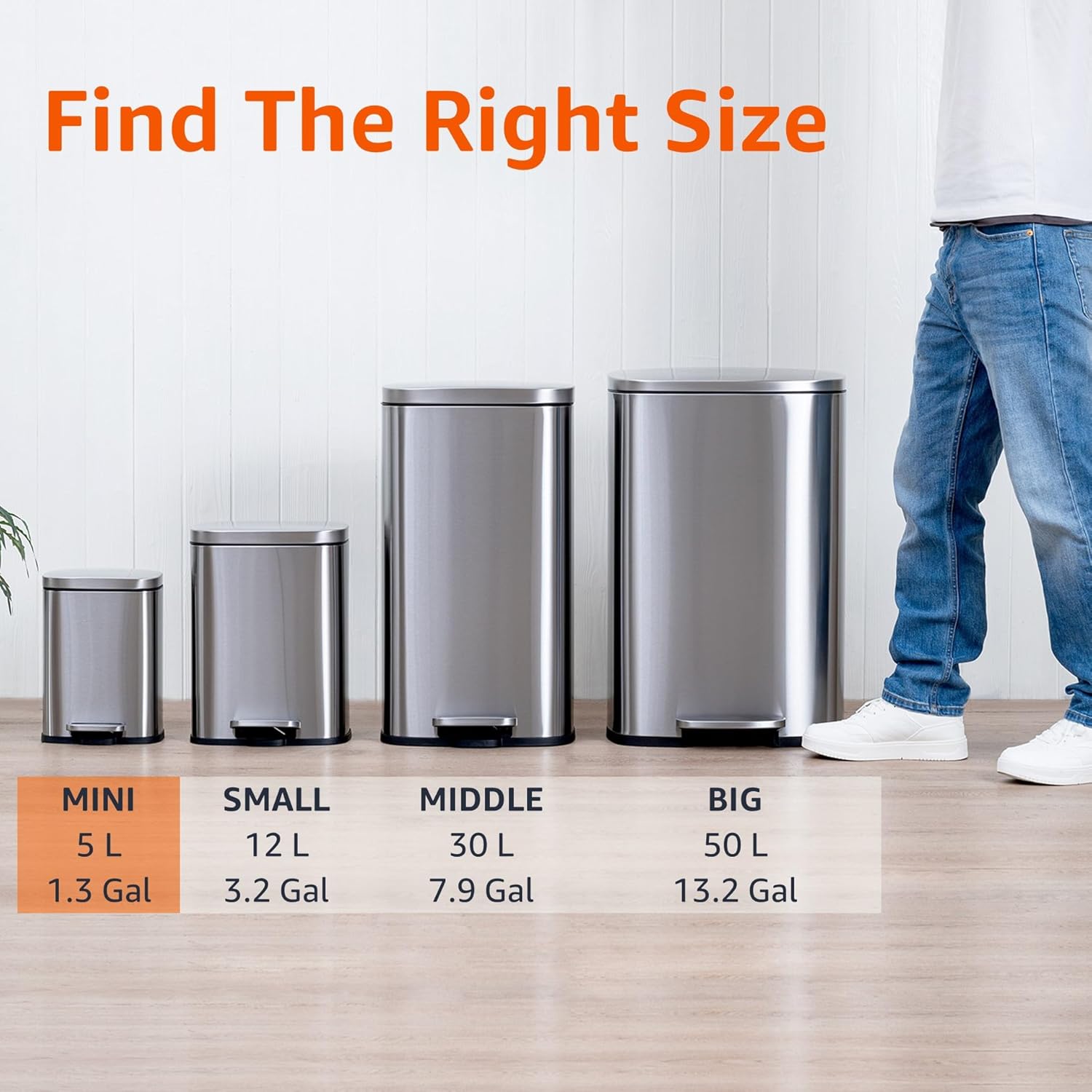 Amazon Basics Smudge Resistant Mini Rectangular Trash Can With Soft-Close Foot Pedal, Brushed Stainless Steel, for Bathroom & small space, 5L/1.32 Gal, 7.3x8.5x11.8 in, Satin Nickel Finish
