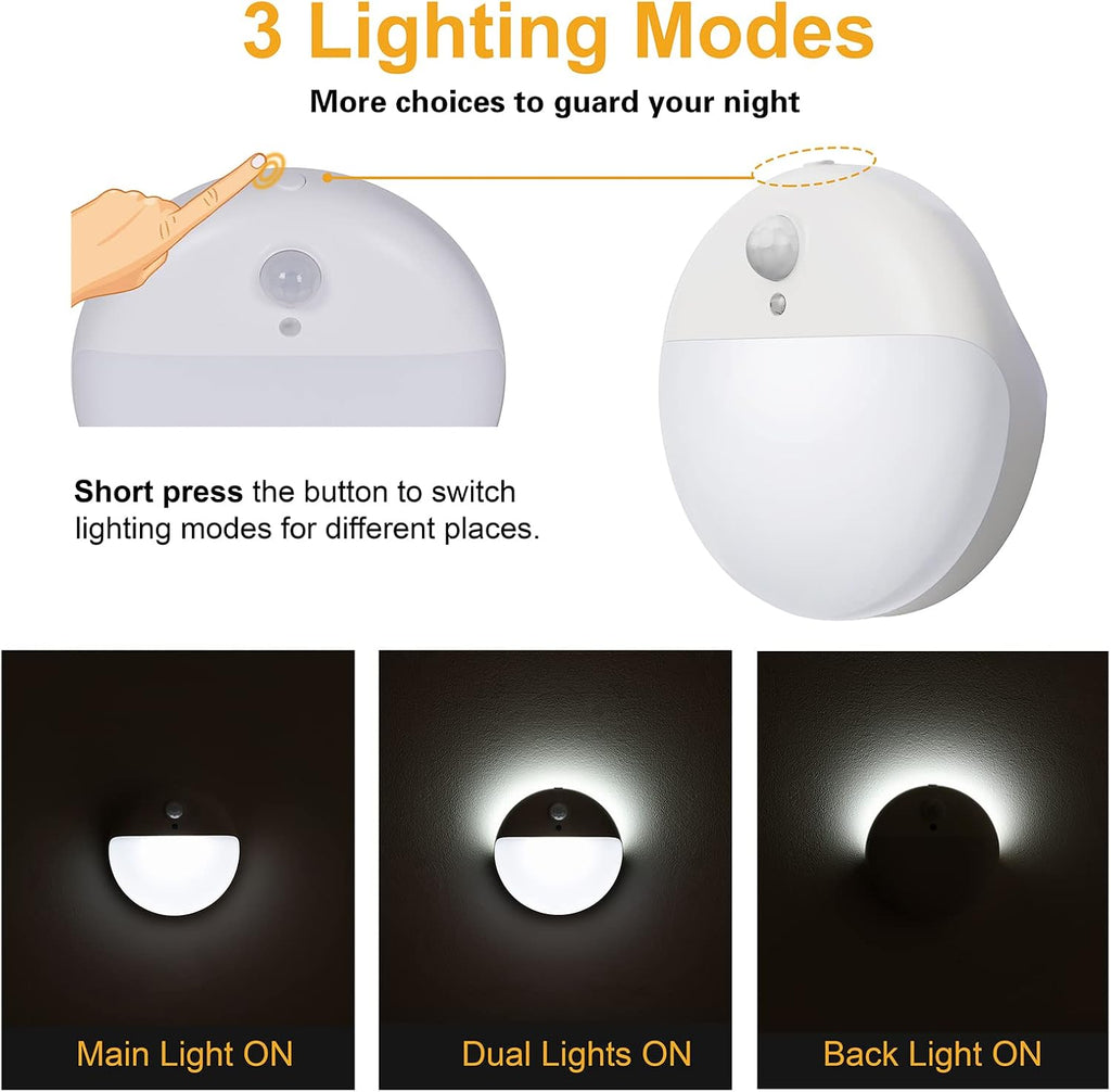 2 Pack Battery Night Light, Toilet Lights, 2.6" Small Motion Senor Light, Stick on Lights, 3 Light Modes, Dimmable LED Nightlight for Closet, Stairs, Garage, Cabinet, Toliet, Daylight White