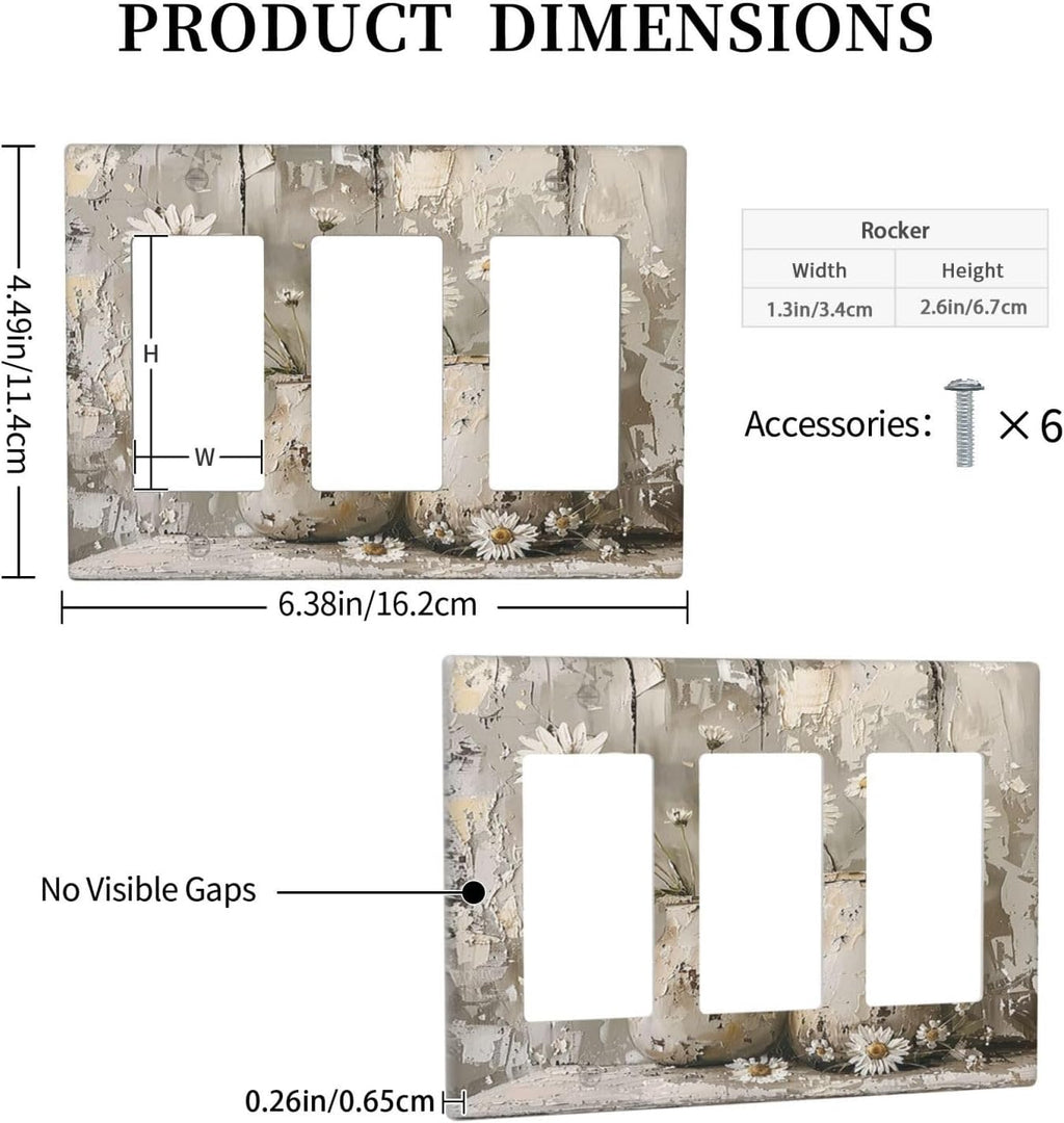 Light Switch Covers Vintage Rustic Floral White Daisy Flower Oil Painting Style 3 Gang Rocker Electrical GFCI Decorative Triple Outlet Wall Plate Cover Switchplate for Home Farmhouse Decor