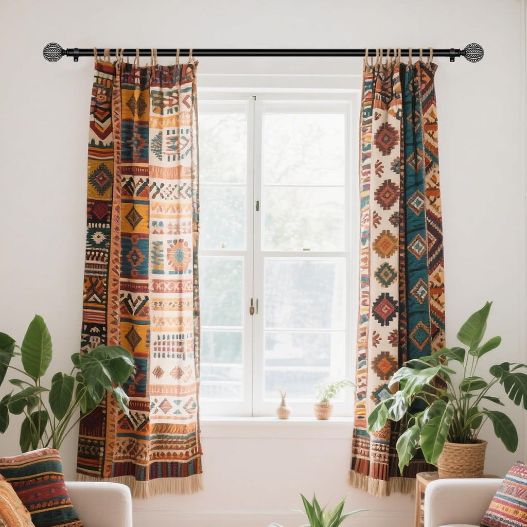 KAMANINA Wood Curtain Rods for Windows 32 to 58 Inch(2.6-4.8ft), 1 Inch Adjustable Drapery Rod, Decorative Heavy Duty Curtain Rods with Leaf Pattern Finials, Black