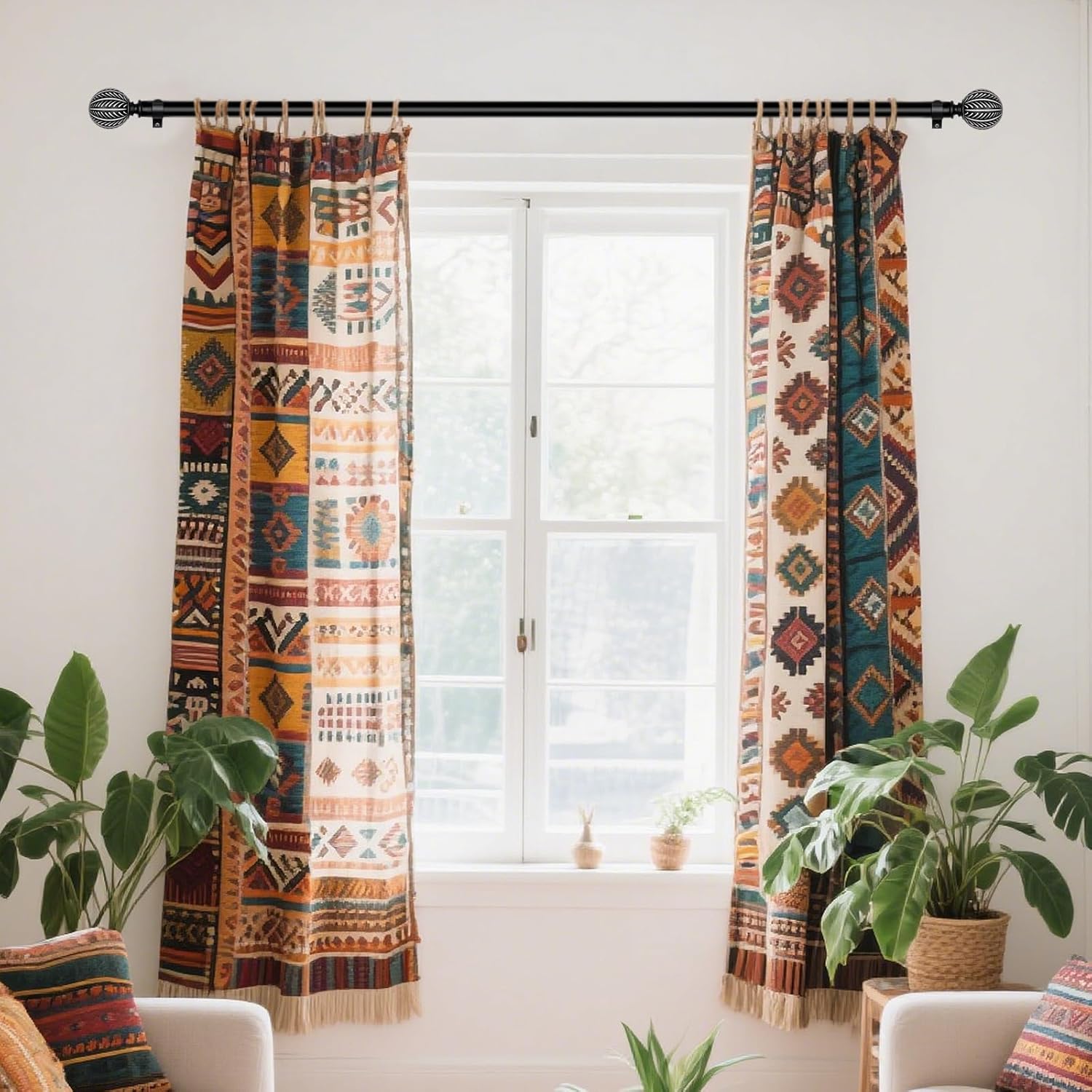 KAMANINA Wood Curtain Rods for Windows 32 to 58 Inch(2.6-4.8ft), 1 Inch Adjustable Drapery Rod, Decorative Heavy Duty Curtain Rods with Leaf Pattern Finials, Black