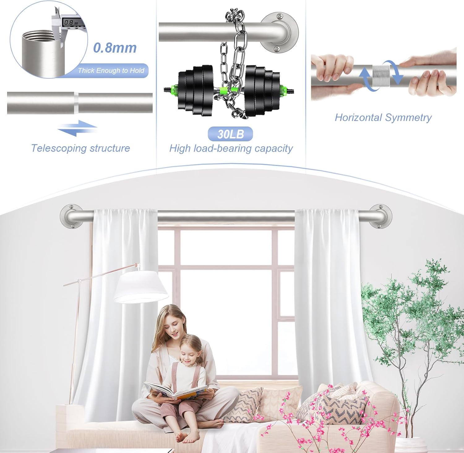 Nickel Wrap Around Curtain Rods 36 to 72 In:Blackout Heavy duty Adjustable Window Curtain Rod for Bedroom,Industrial Darkening Curved French Metal Single Drapery Rods Easy Install,Satin Nickel