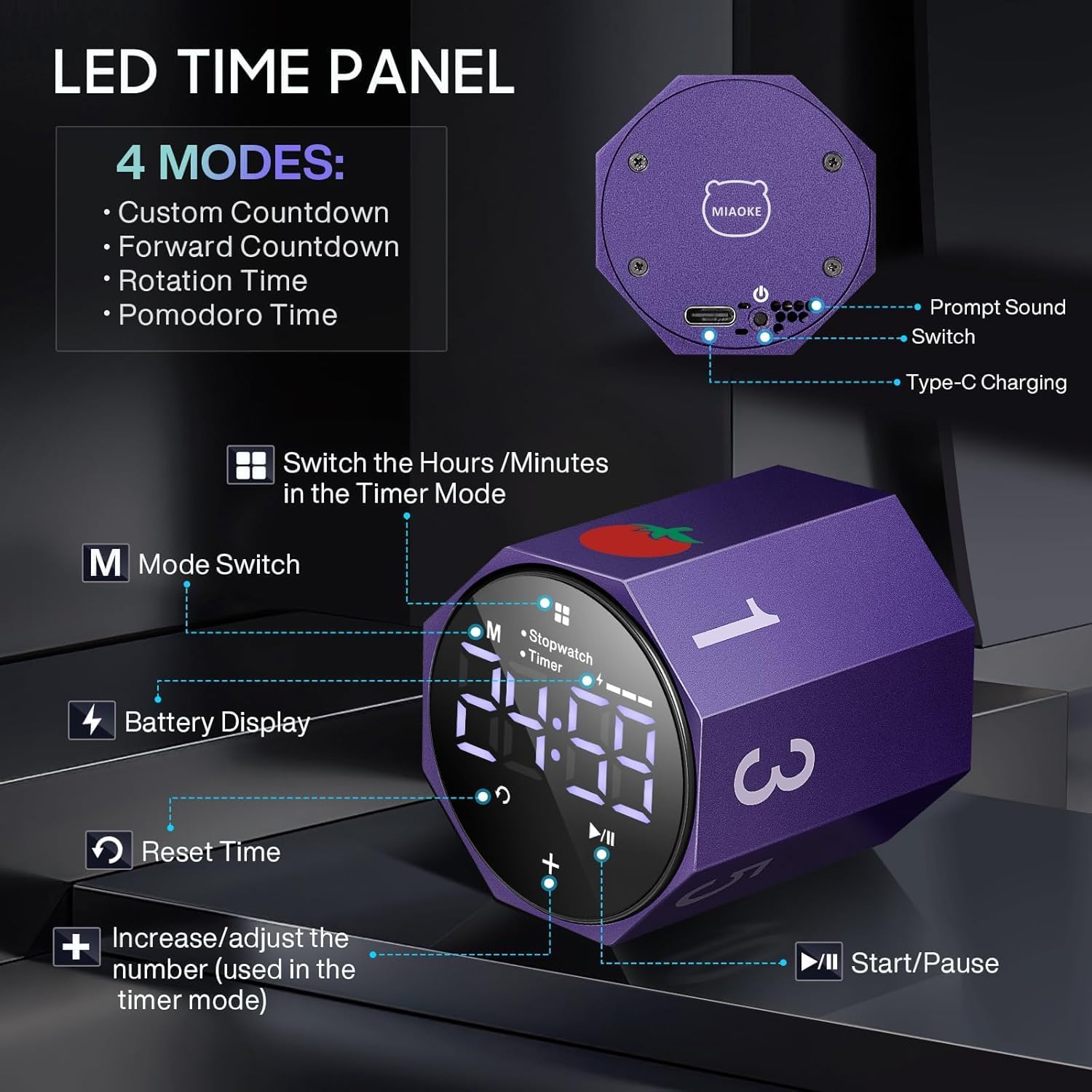 MIAOKE Pomodoro Timer-Aluminum Alloy Frosted Metal LED Large Screen Digital Automatically Rotated Display, Focus Efficient Management on Work and Study,Office, Living Room-Purple