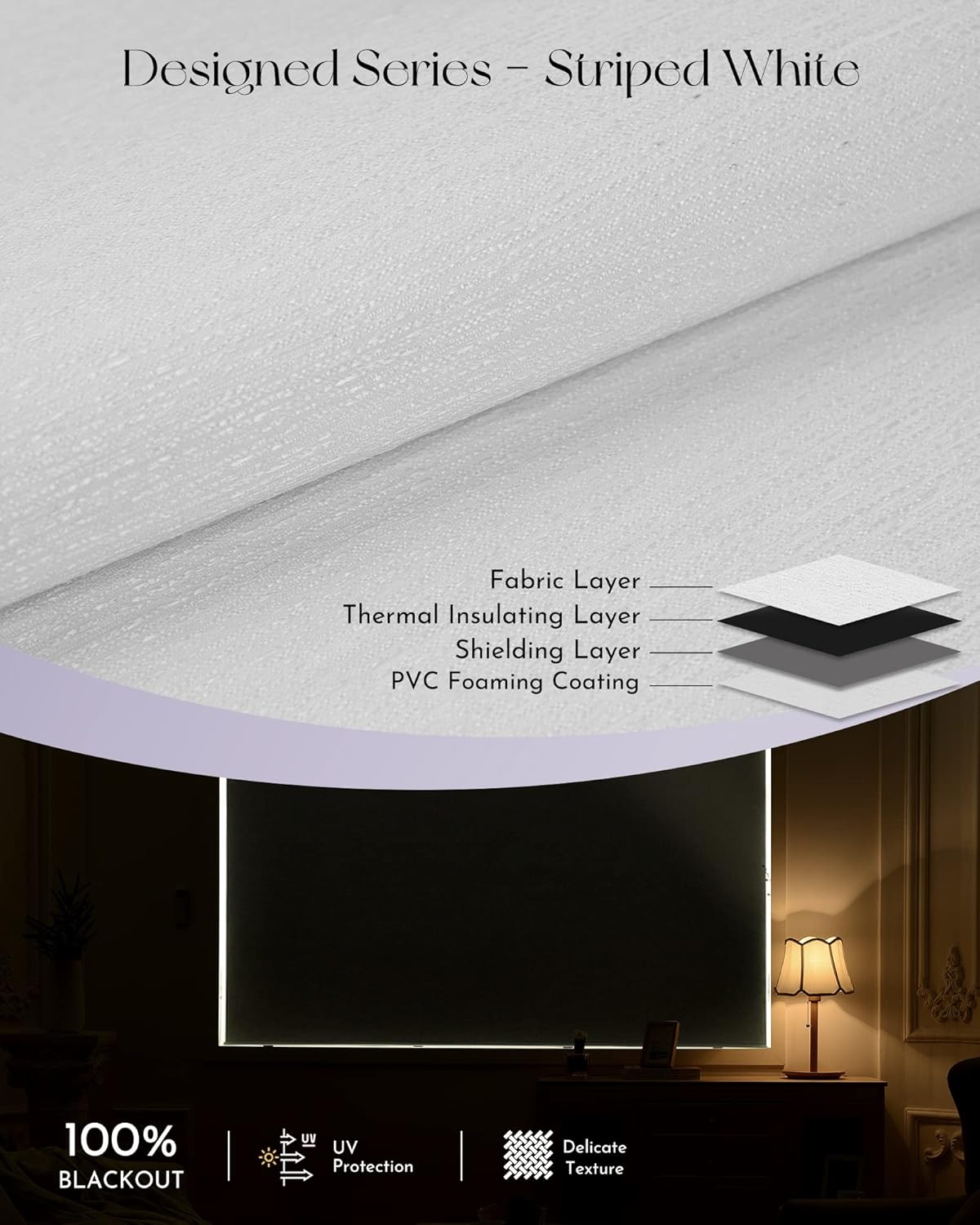 Graywind Smart Blackout Roller Shades Compatible with Alexa Google Textured Gleaming Fabric Rechargeable Motorized Blinds Cordless Remote Control Window Shades, Custom Size (Striped White)