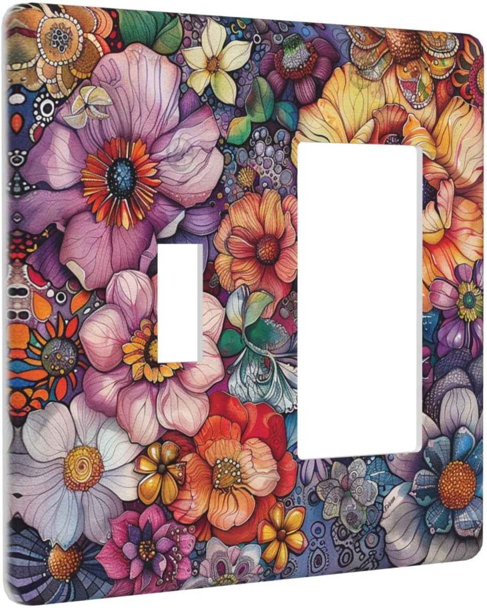 Outlet Covers Colorful Bohemian Flowers Vintage Boho Floral 1 Toggle 1 Rocker Combination Decorative Wall Plate Electrical Switch Plates Light Switch Cover Plate for Bed Room living Room