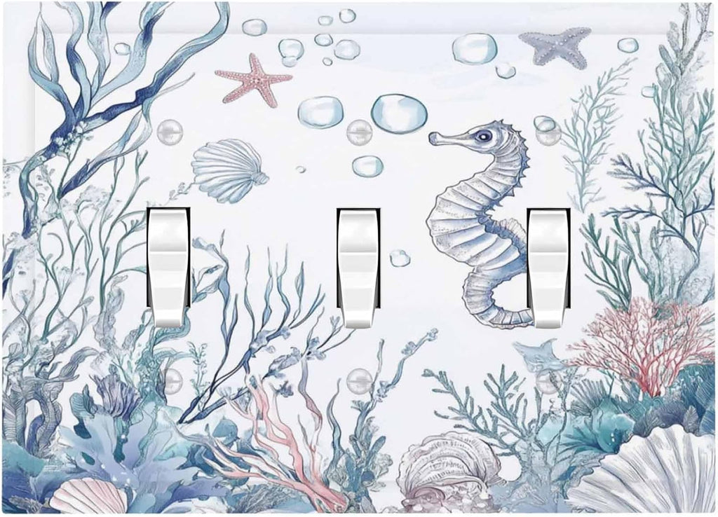 Decorative Switch Plates Ocean Coral Seahorse Seashell Starfish 3 Gang Wall Plate Triple Toggle Light Switch Cover Faceplate Electrical Wall Panels For Bathroom Home Decor